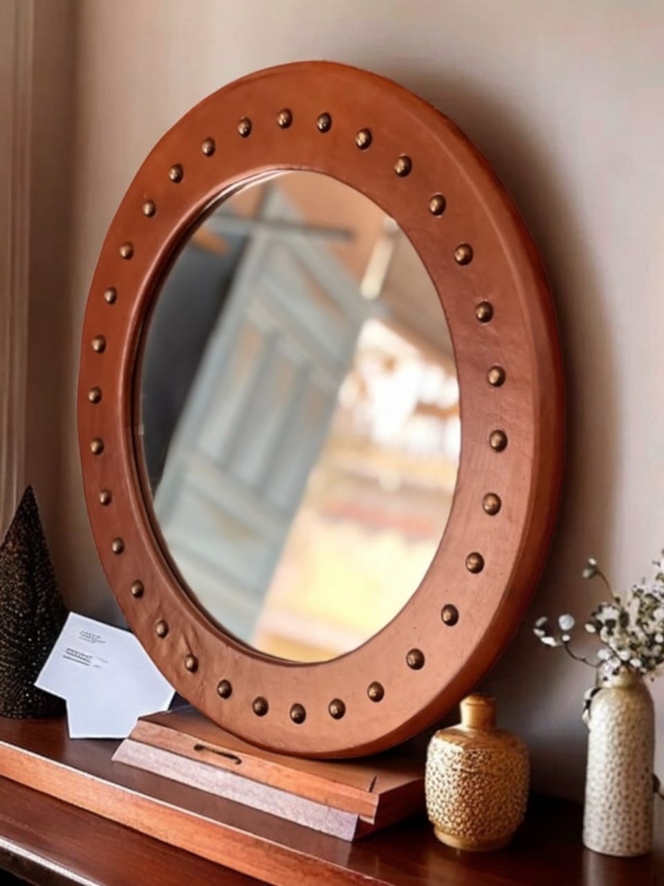 Miroir Soliel en cuir Rond