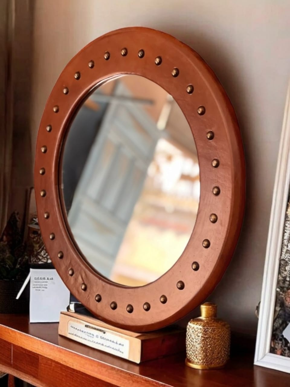 Miroir Soliel en cuir Rond