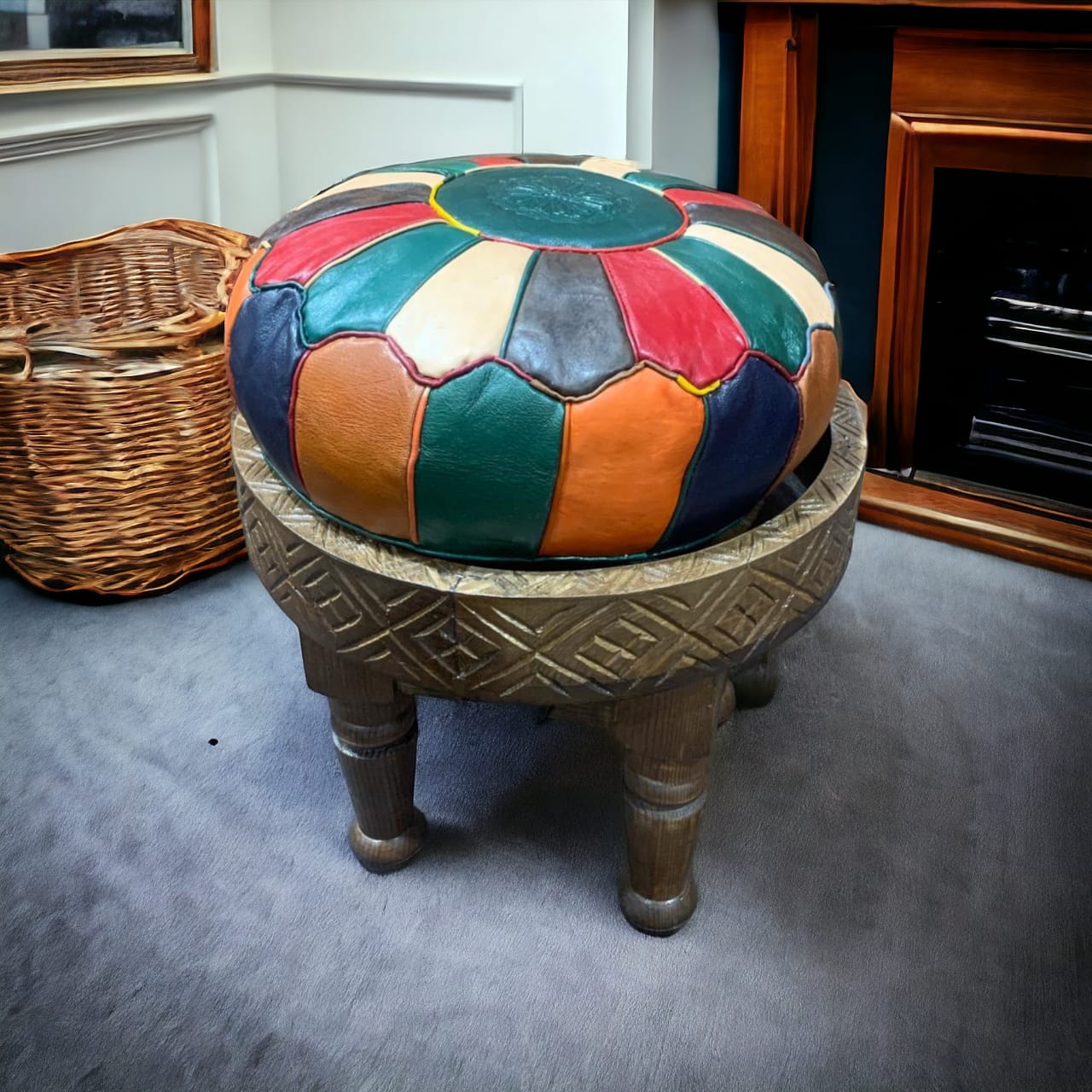Table Tabouret en Bois avec Pouf