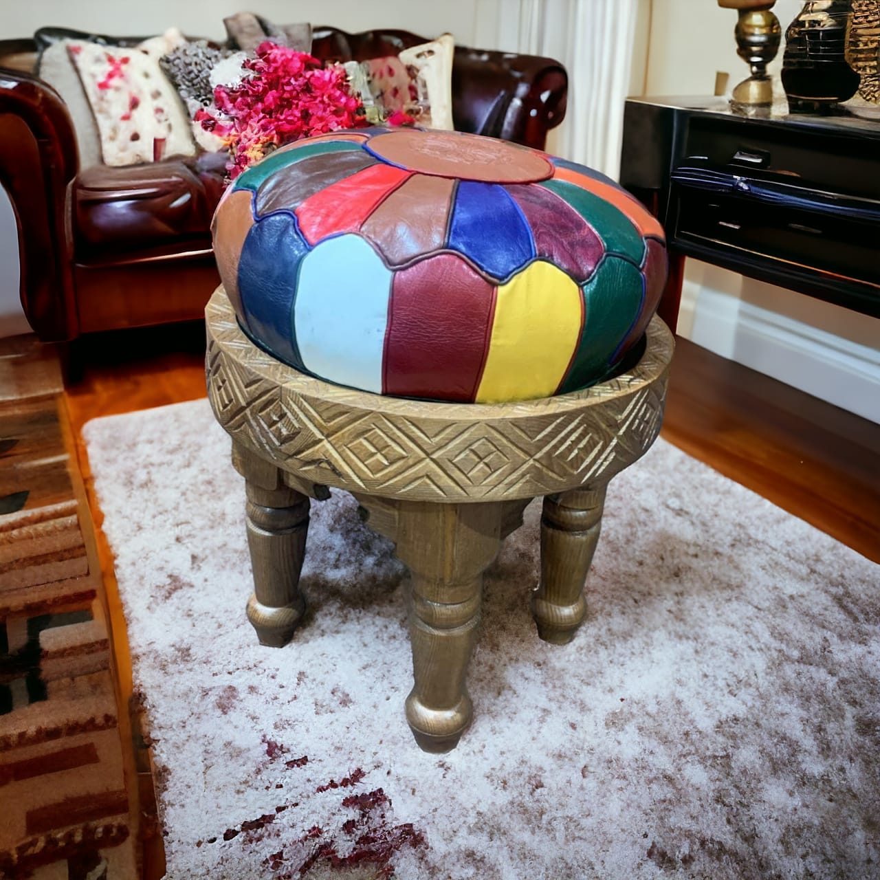 Table Tabouret en Bois avec Pouf