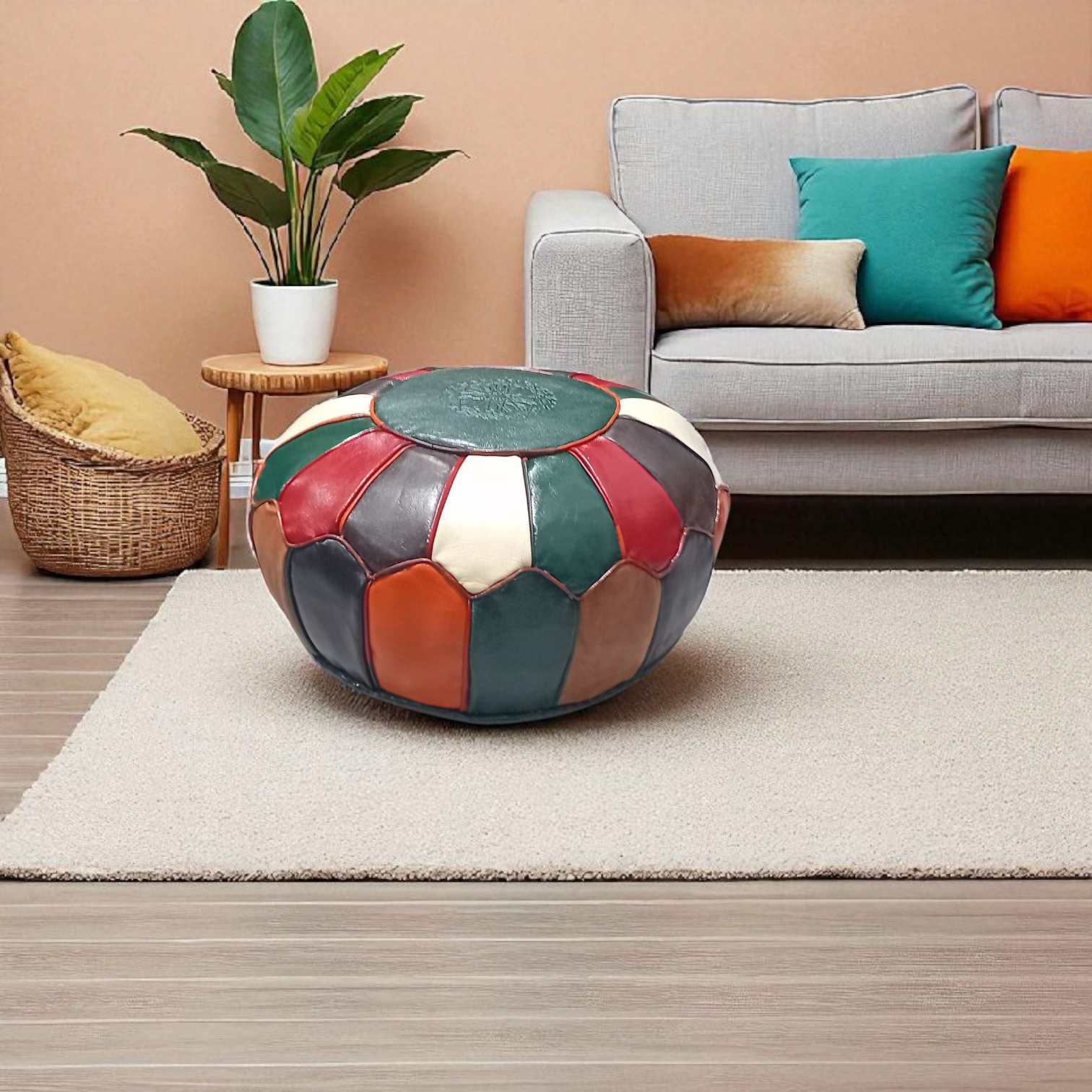 Pouf marocain en cuir véritable multicolore