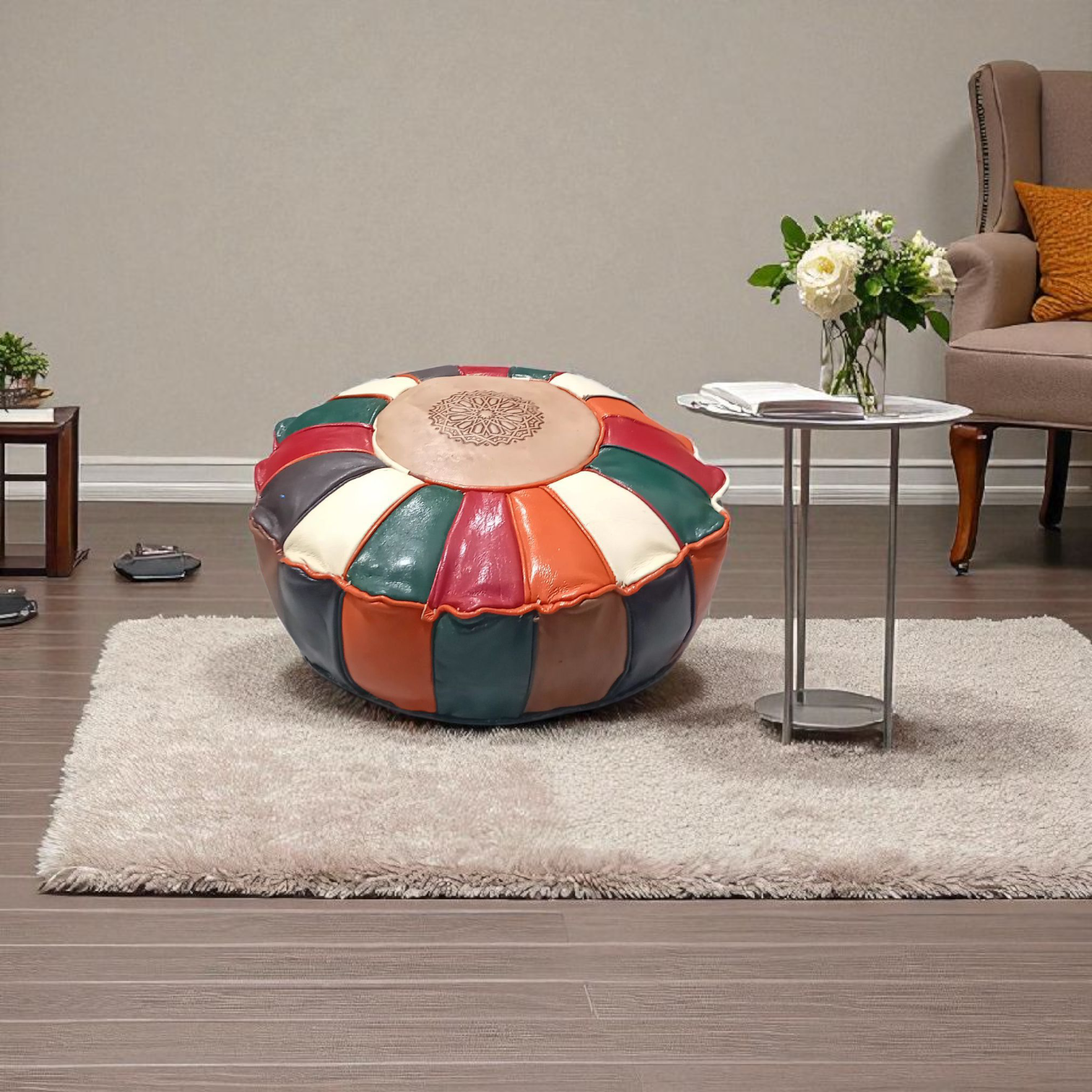 Pouf marocain en cuir véritable multicolore