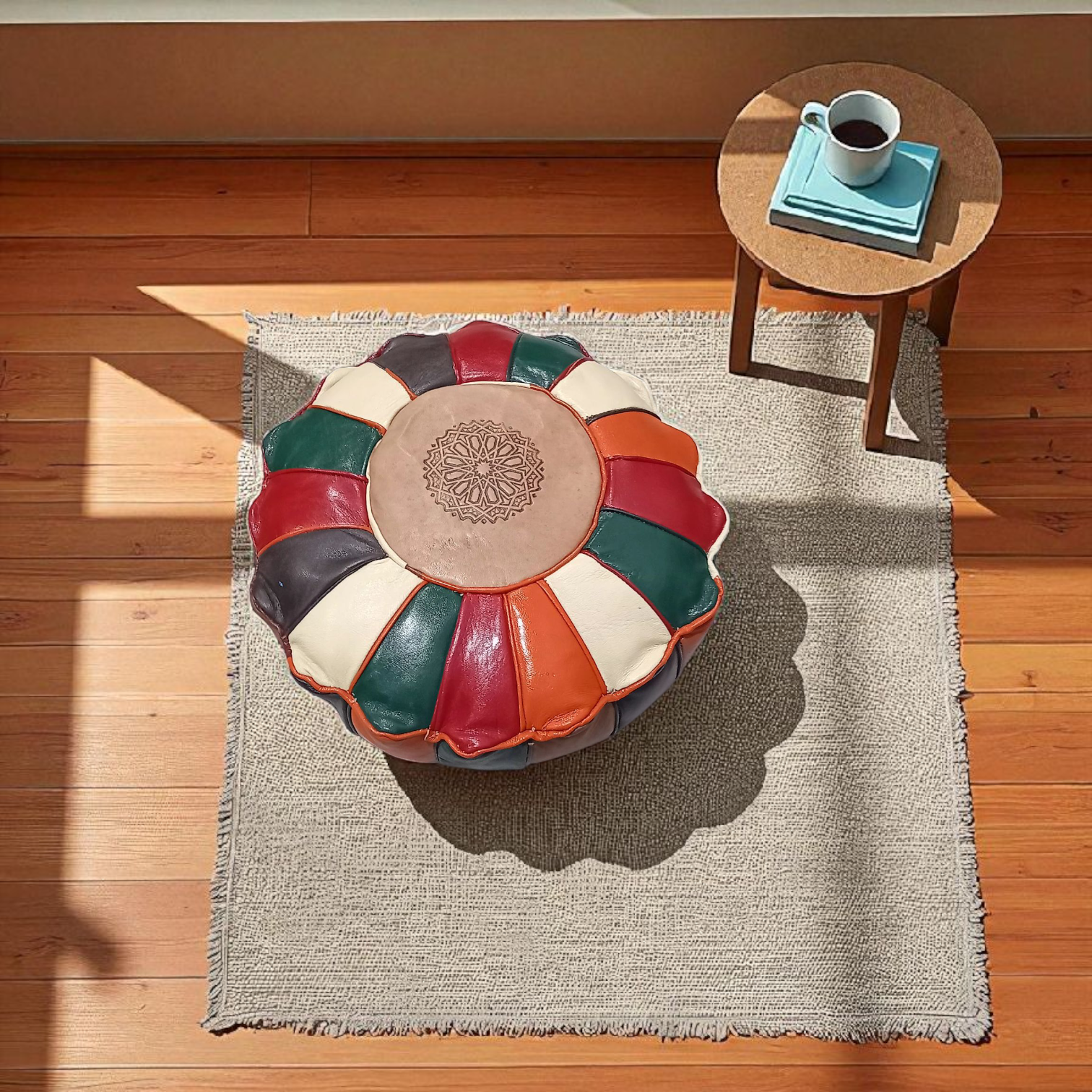 Pouf marocain en cuir véritable multicolore