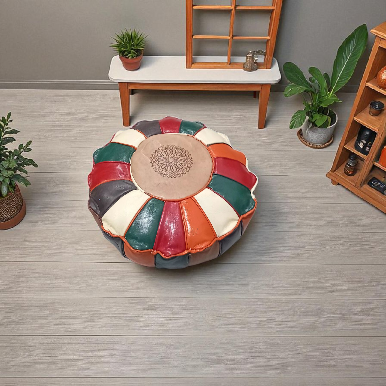 Pouf marocain en cuir véritable multicolore