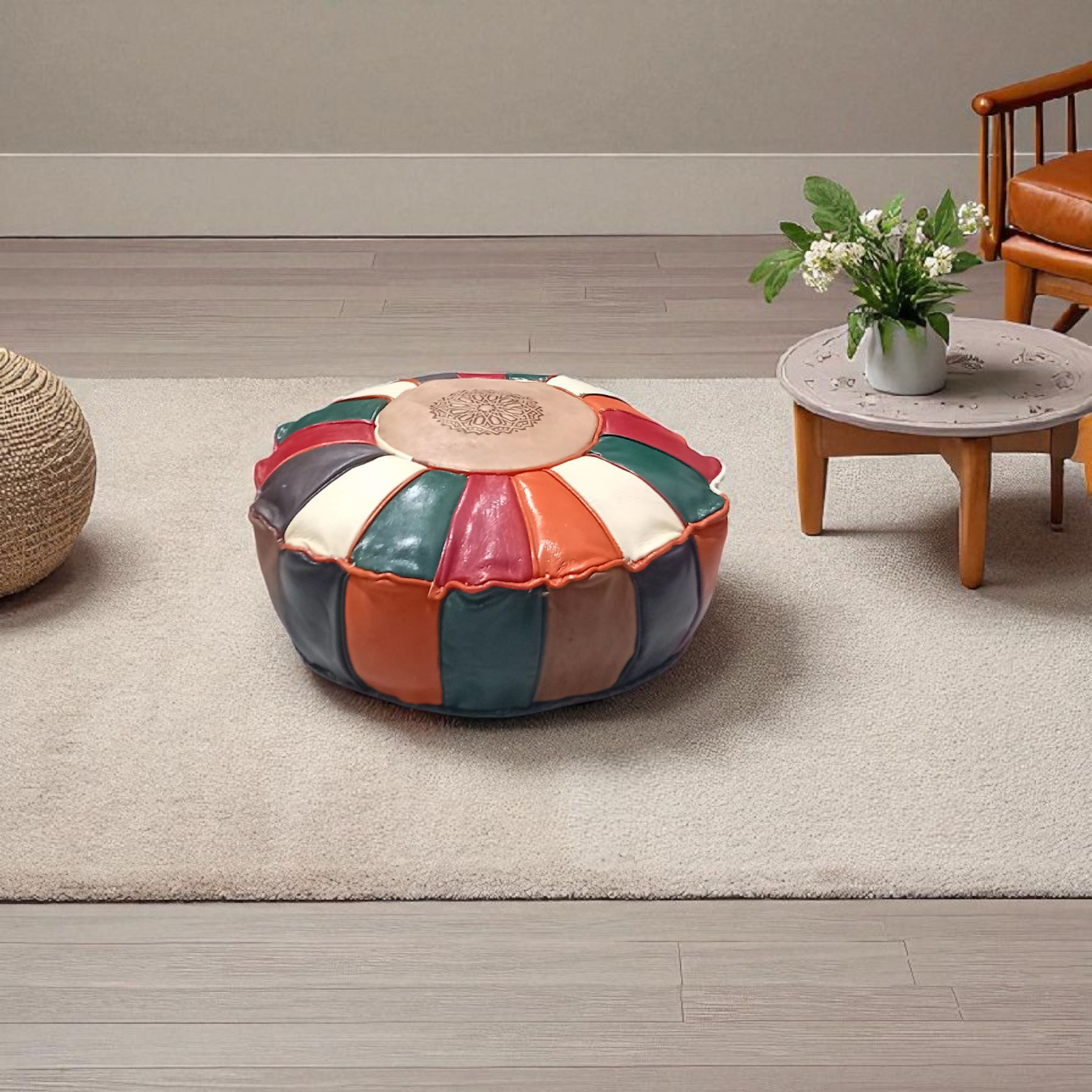 Pouf marocain en cuir véritable multicolore