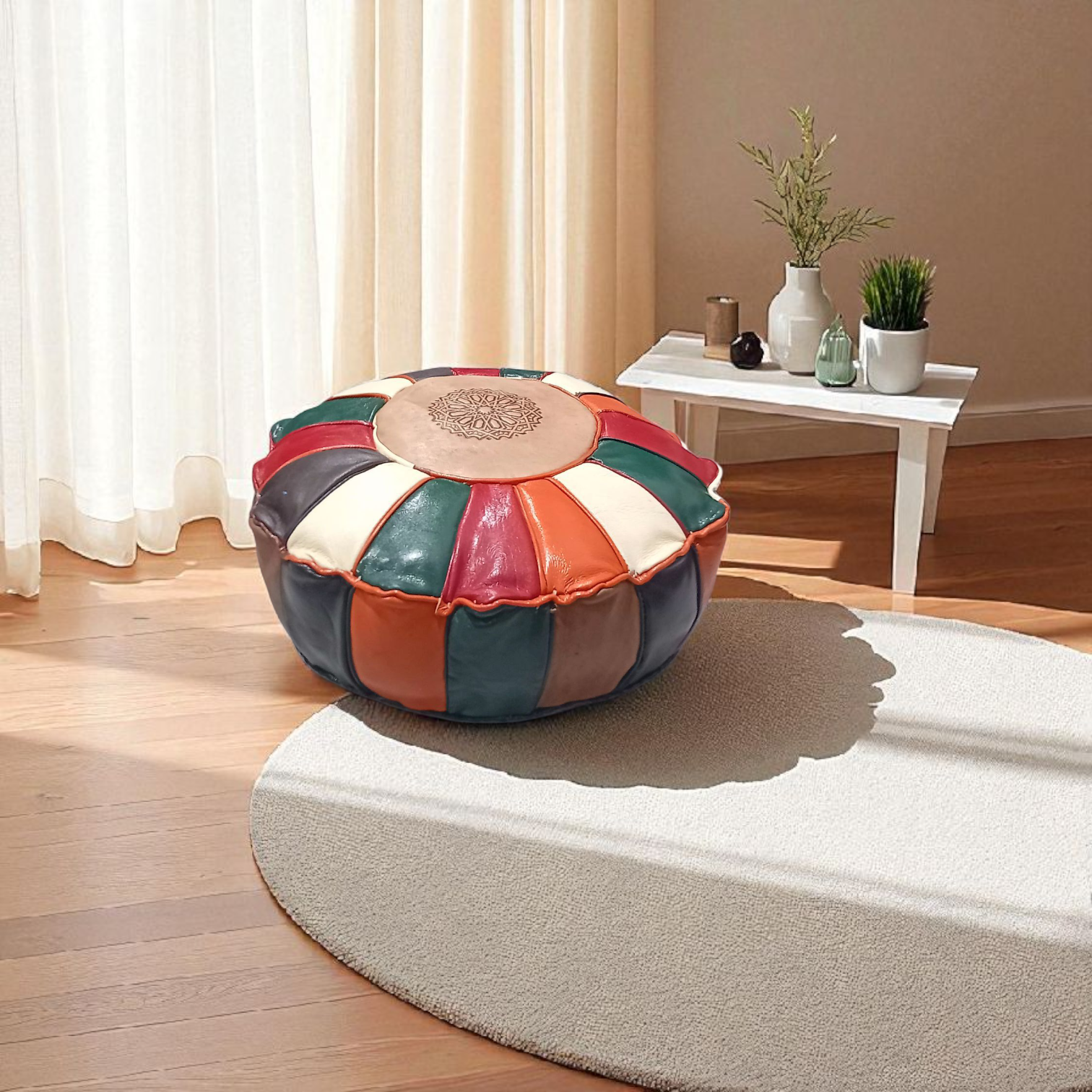 Pouf marocain en cuir véritable multicolore
