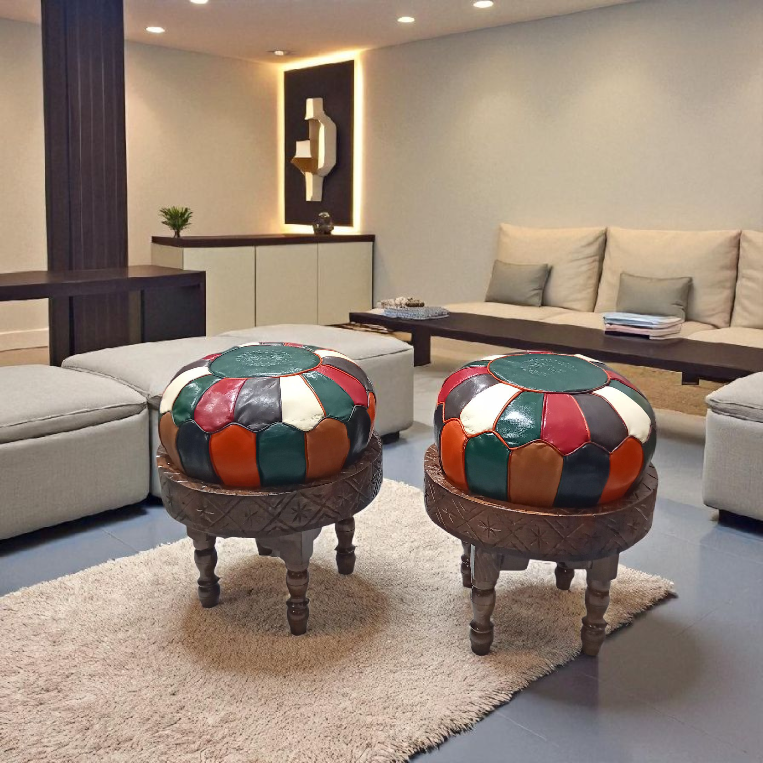 Duo-Tabourets en bois avec coussin en cuir véritable multicolor