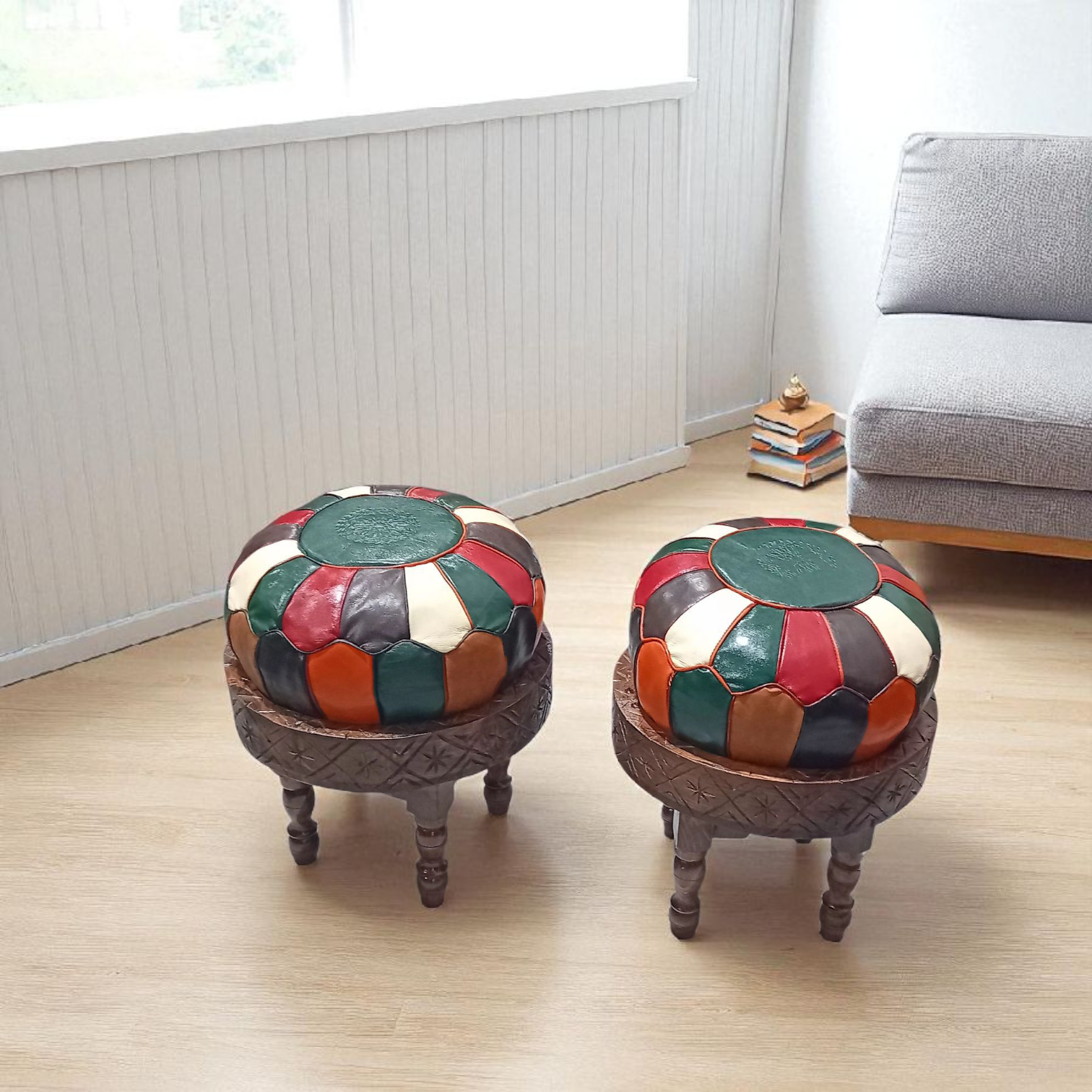 Duo-Tabourets en bois avec coussin en cuir véritable multicolor