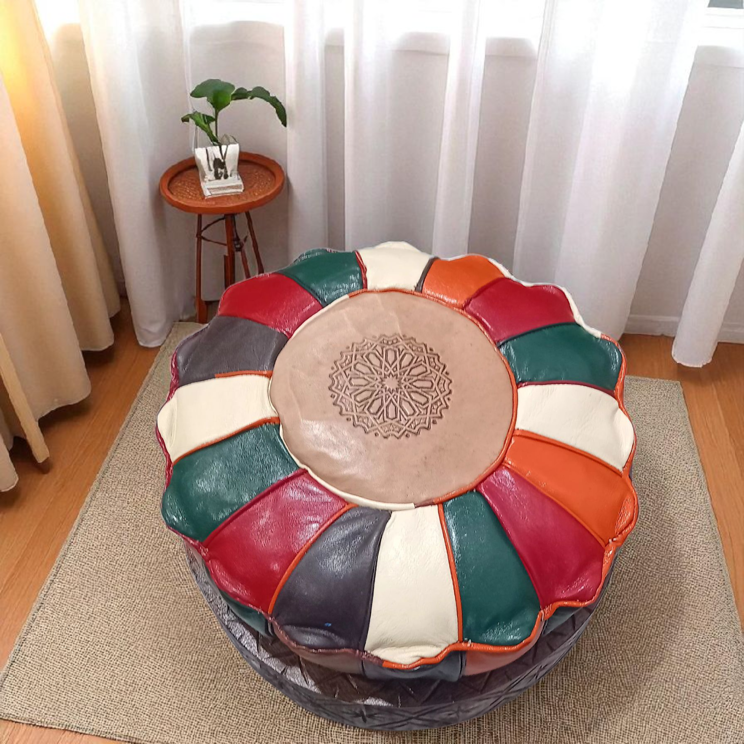 Duo-Tabourets en bois avec coussin en cuir véritable multicolor