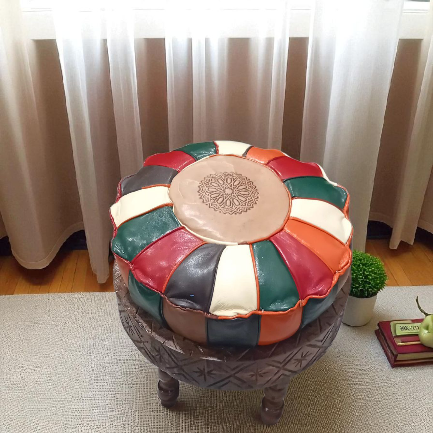Duo-Tabourets en bois avec coussin en cuir véritable multicolor