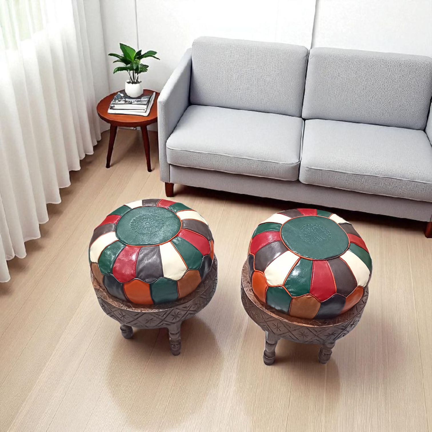 Duo-Tabourets en bois avec coussin en cuir véritable multicolor