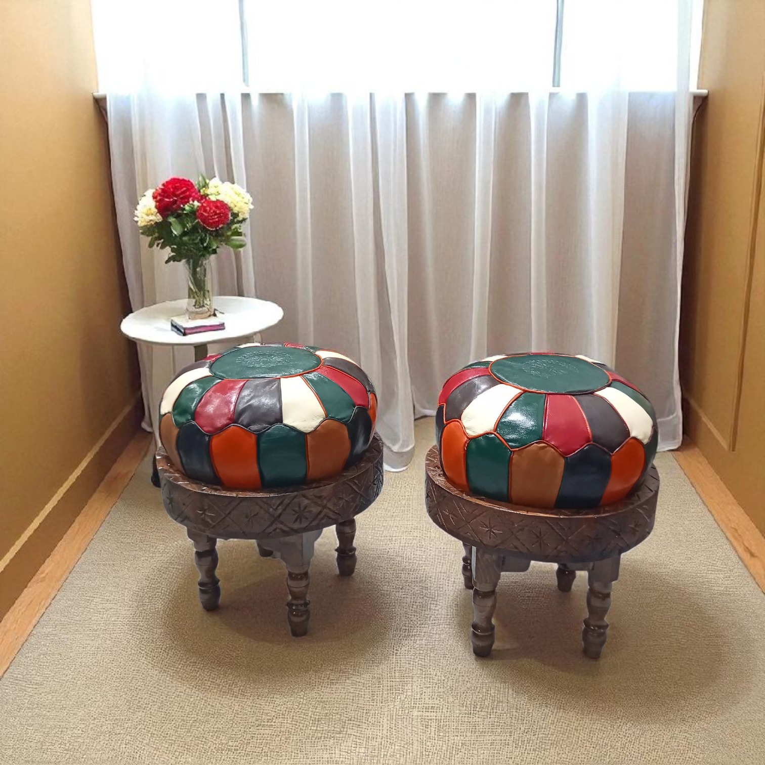 Duo-Tabourets en bois avec coussin en cuir véritable multicolor