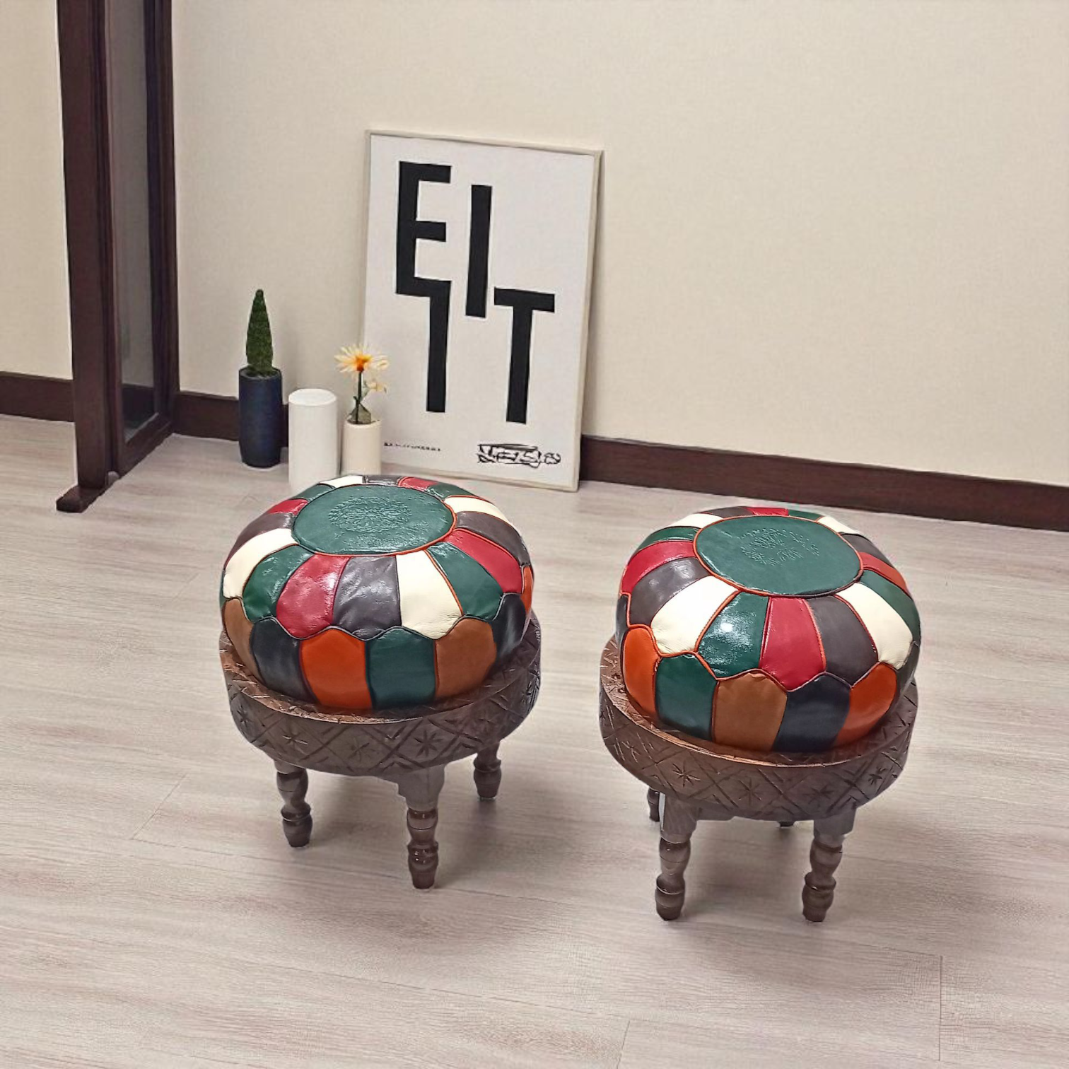 Duo-Tabourets en bois avec coussin en cuir véritable multicolor