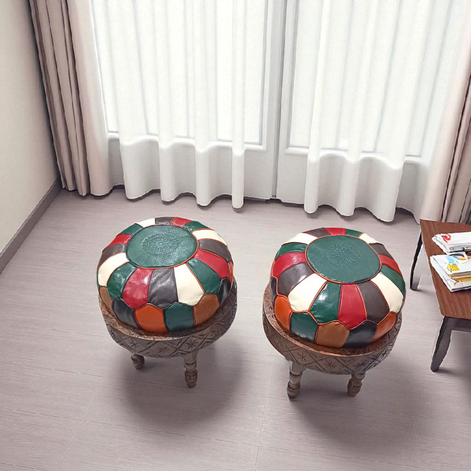 Duo-Tabourets en bois avec coussin en cuir véritable multicolor