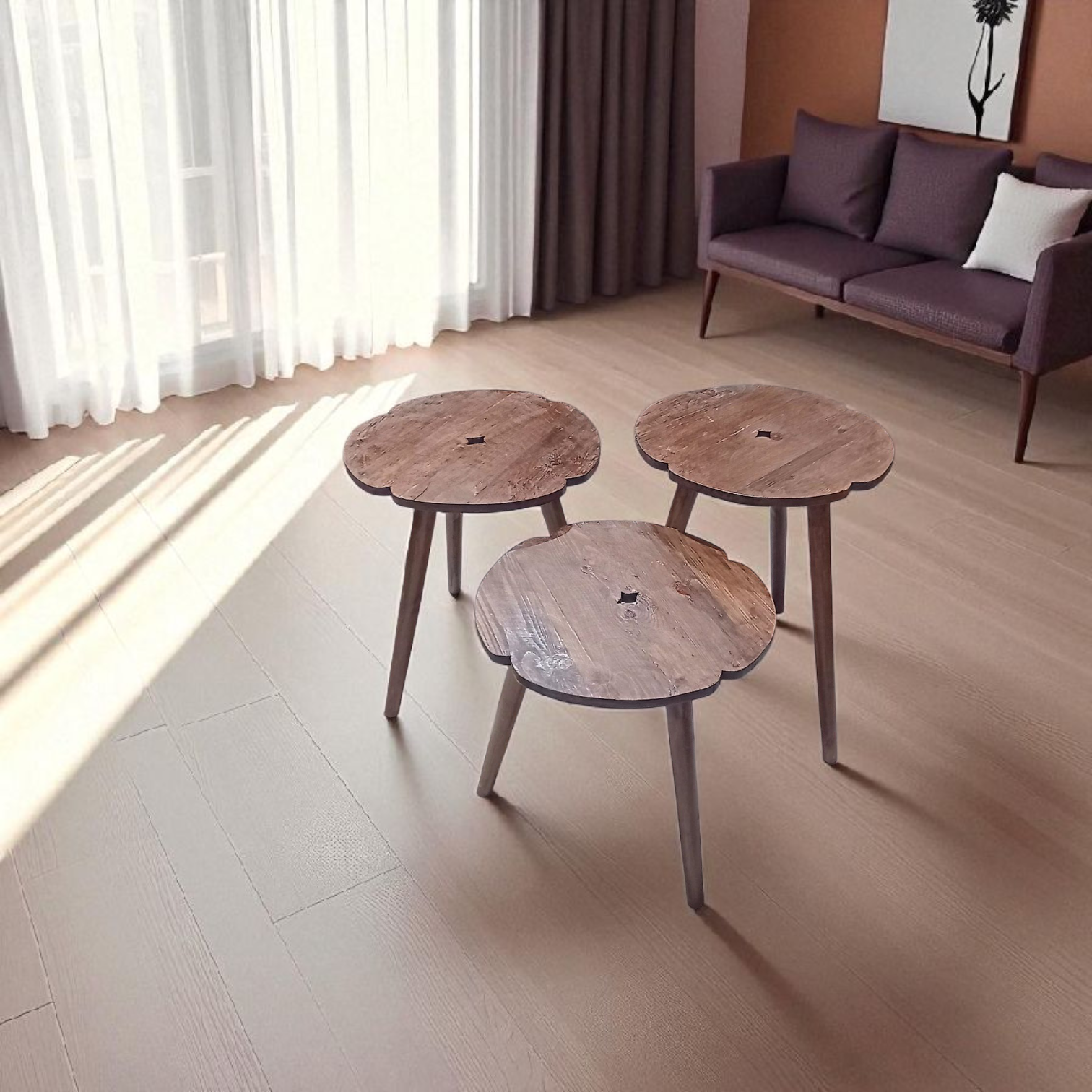 Série de 3 tables en bois massif
