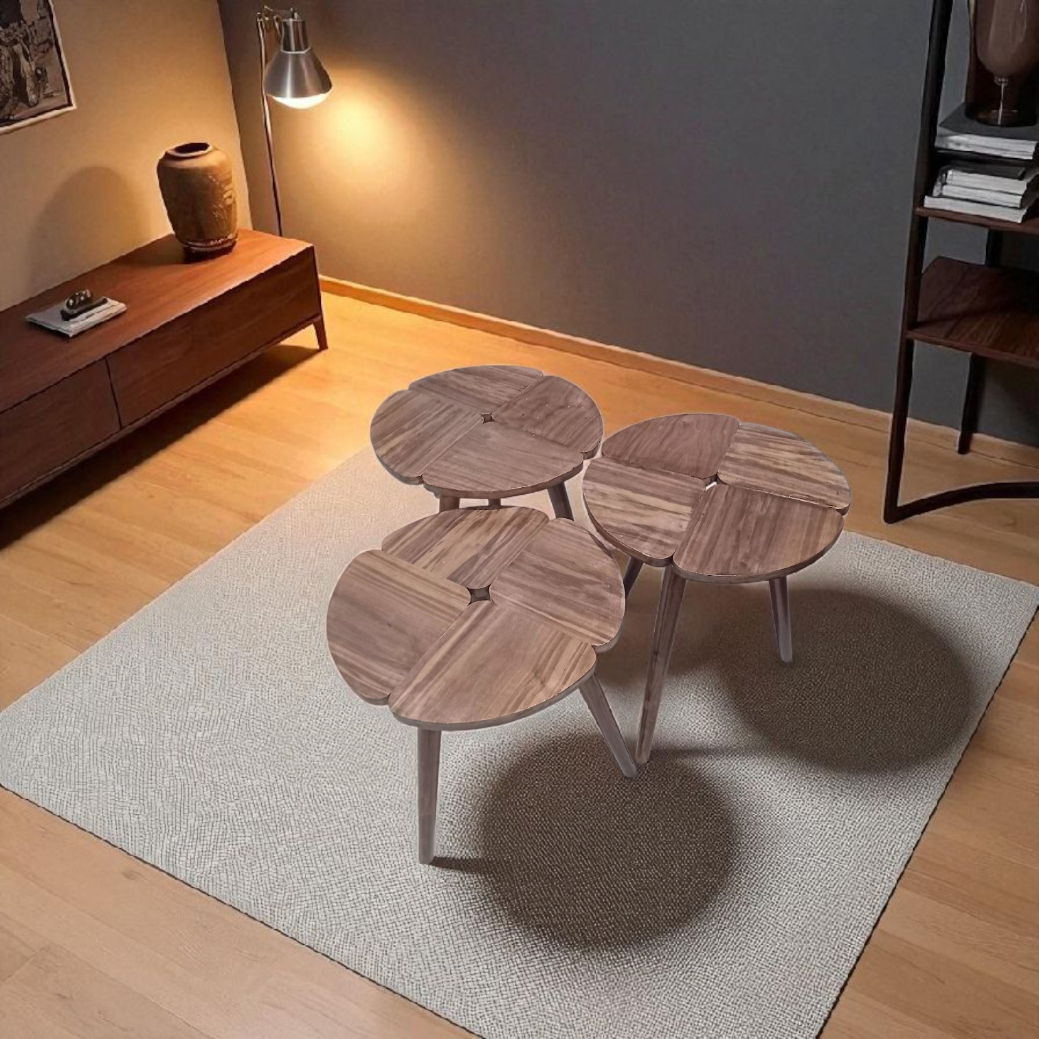 Série de 3 tables rondes en bois finition noyer