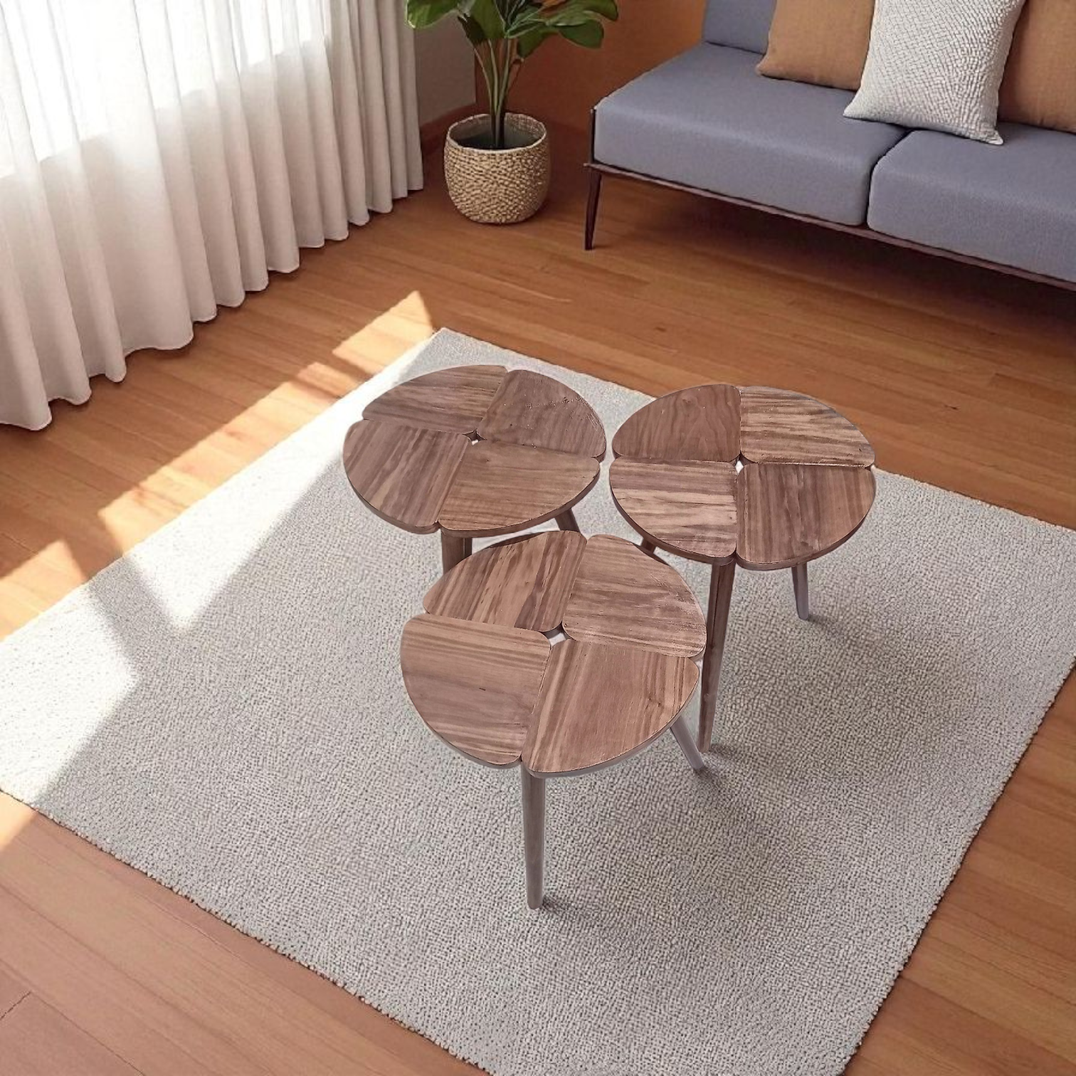 Série de 3 tables rondes en bois finition noyer