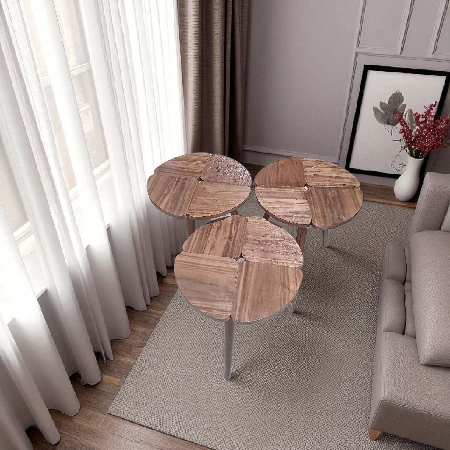 Série de 3 tables rondes en bois finition noyer