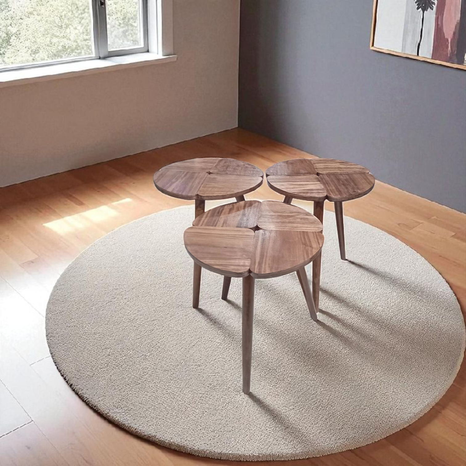 Série de 3 tables rondes en bois finition noyer
