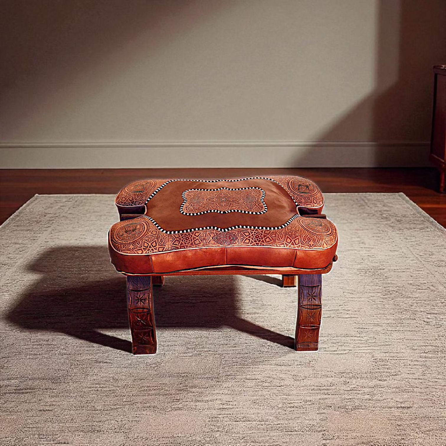 Tabouret pliable en bois avec pouf en cuir