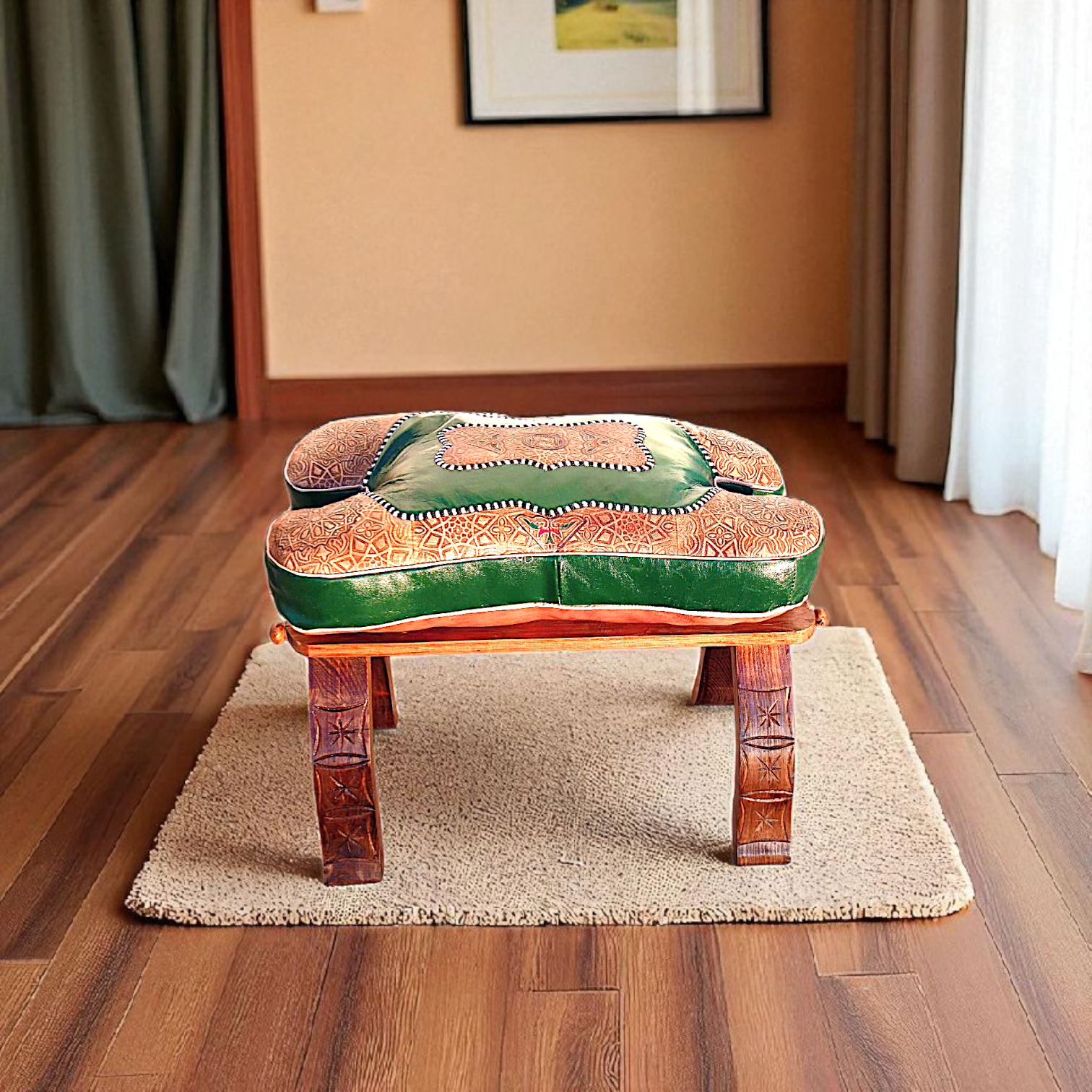 Tabouret pliable en bois avec pouf en cuir