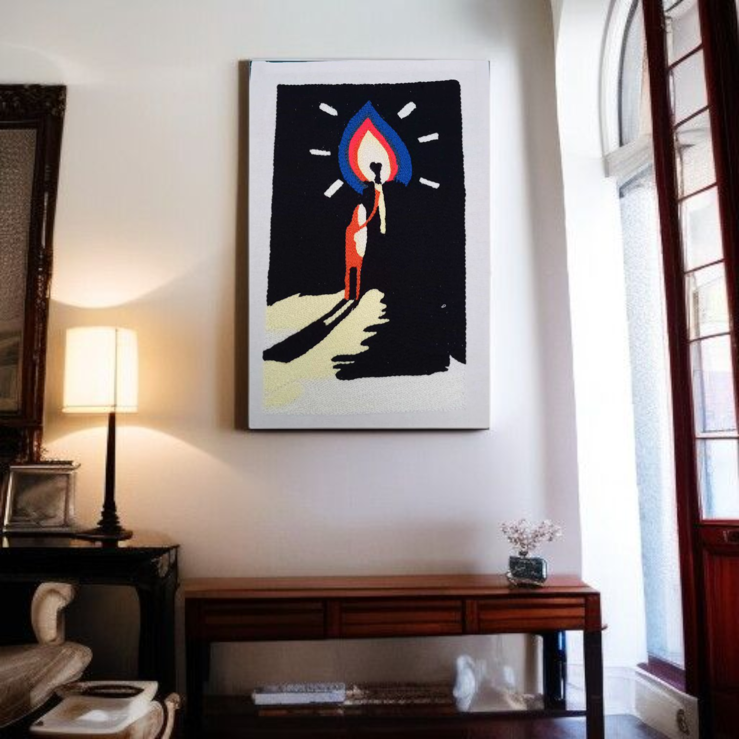 Tableau en Broderie – La Flamme de l’Espoir