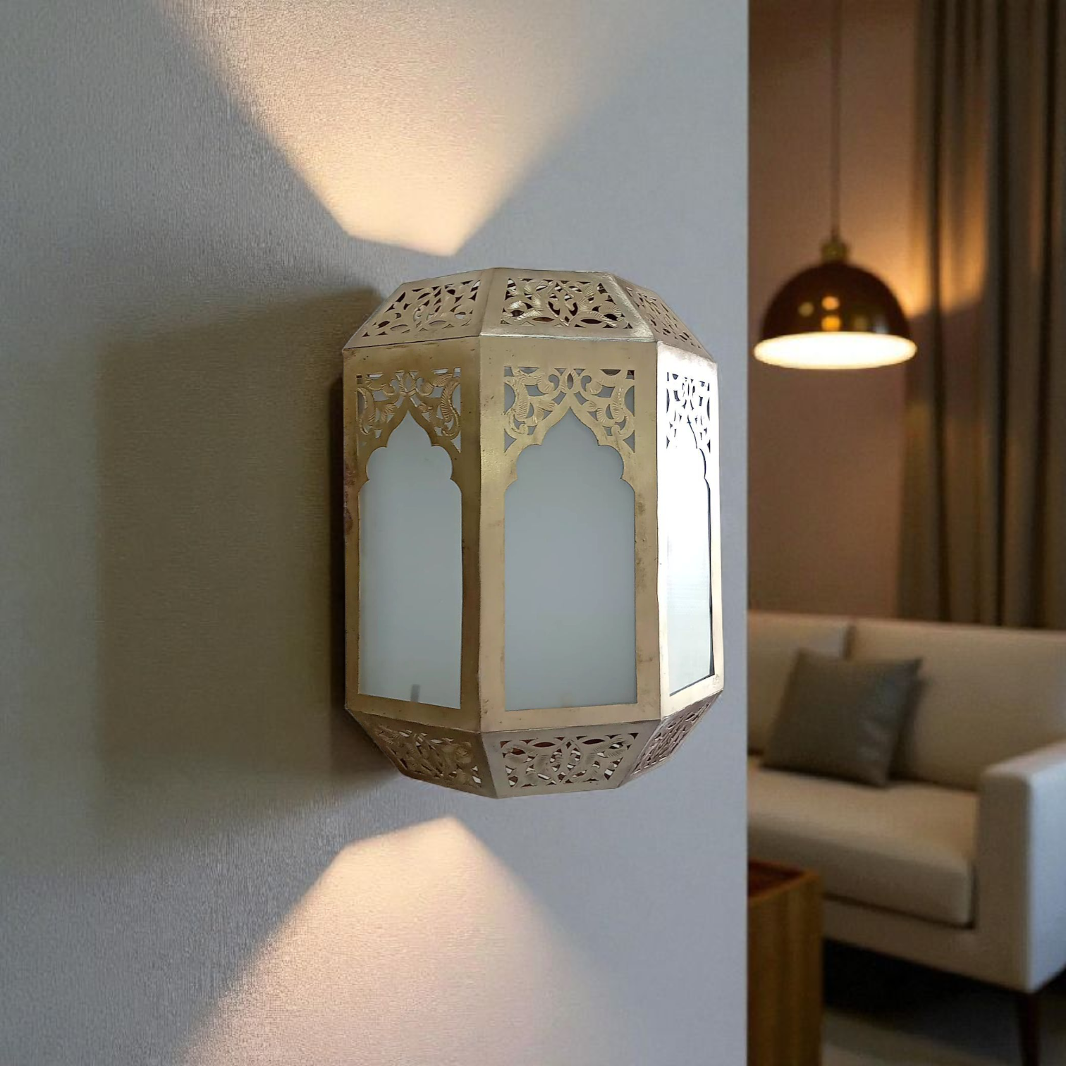 Lanterne Murale Marocaine Octogonale en Cuivre et Verre Sablé