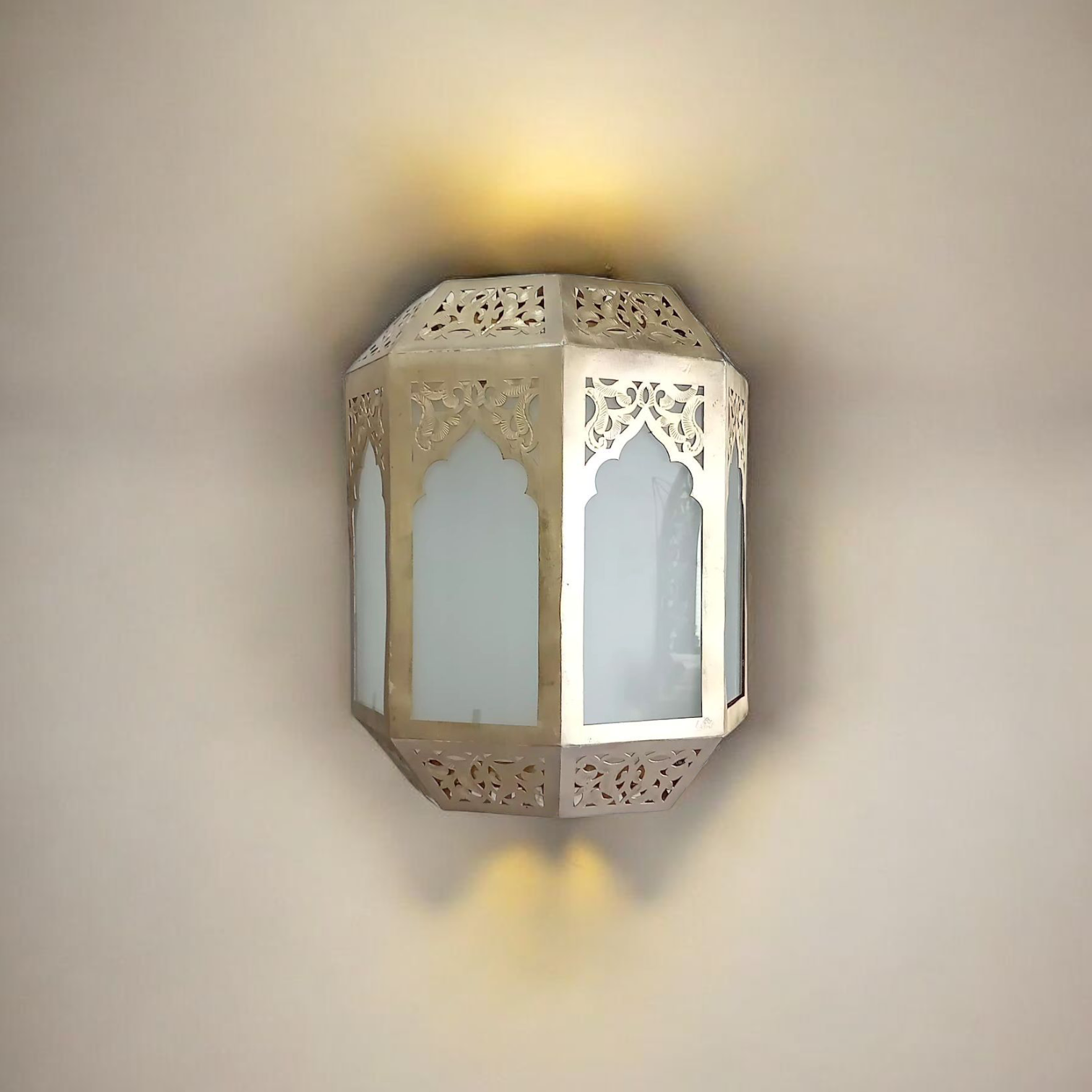 Lanterne Murale Marocaine Octogonale en Cuivre et Verre Sablé