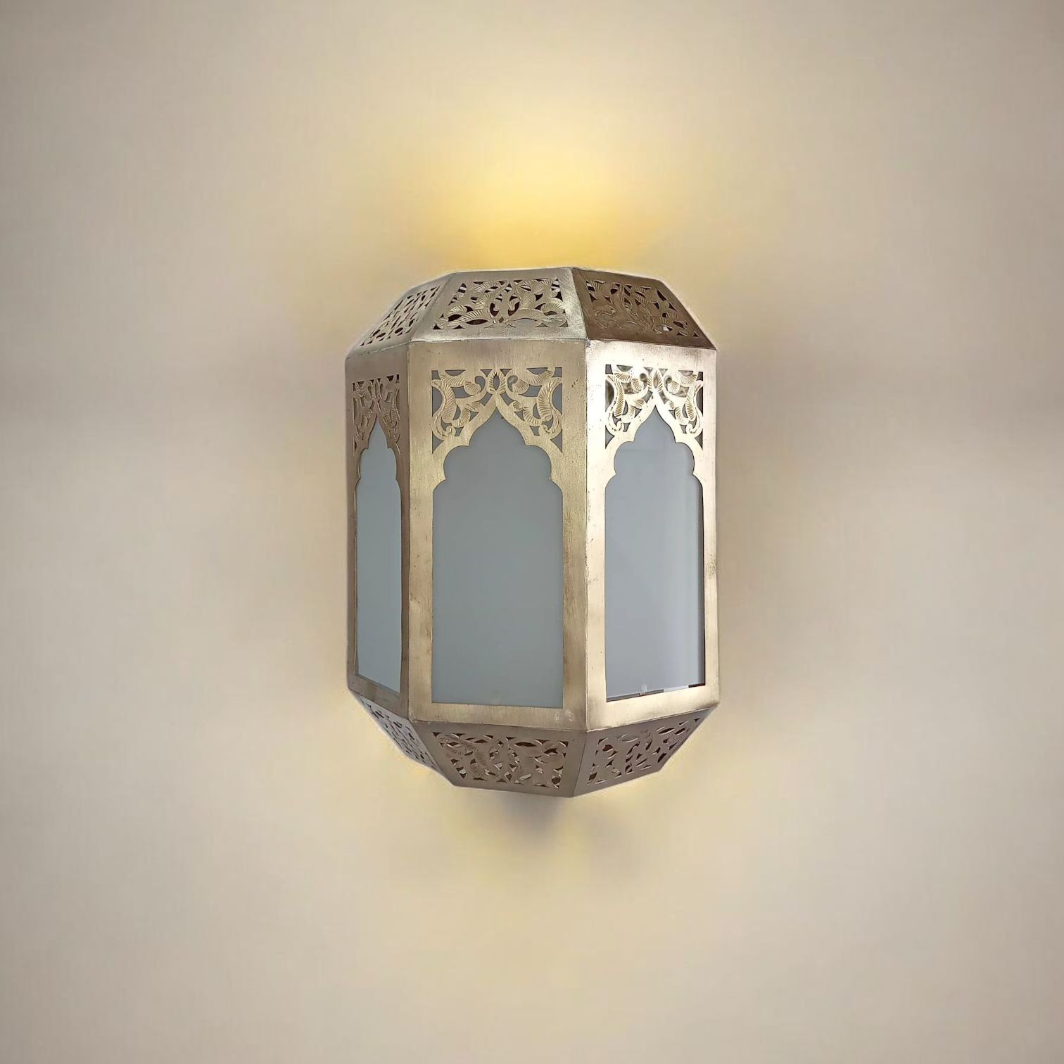 Lanterne Murale Marocaine Octogonale en Cuivre et Verre Sablé