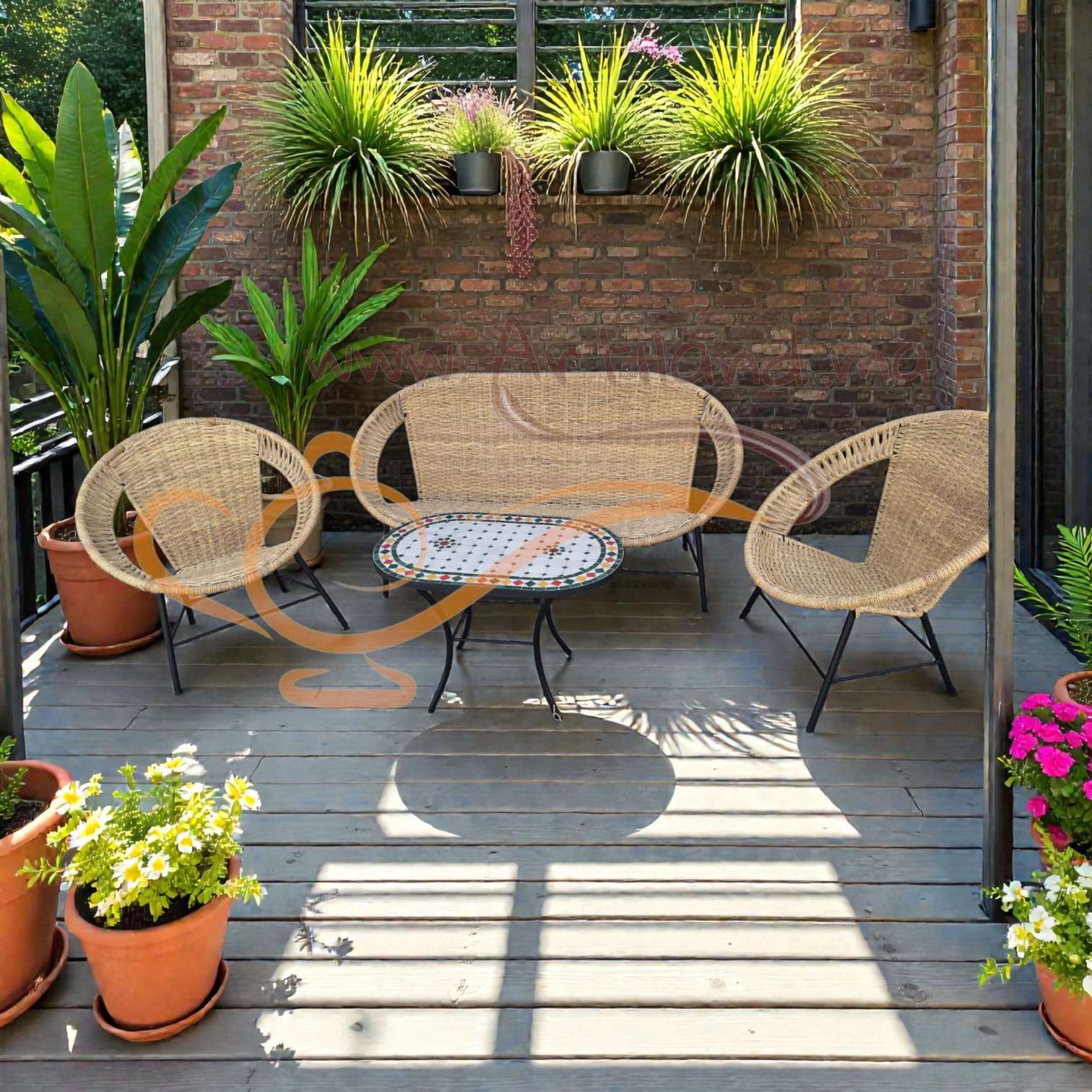 Salon Traditionnel en Rotin Naturel avec Table en Zellige