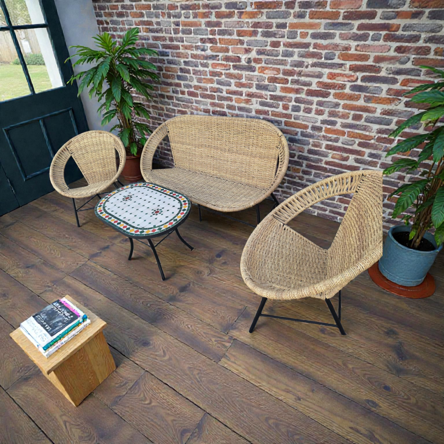 Salon Traditionnel en Rotin Naturel avec Table en Zellige