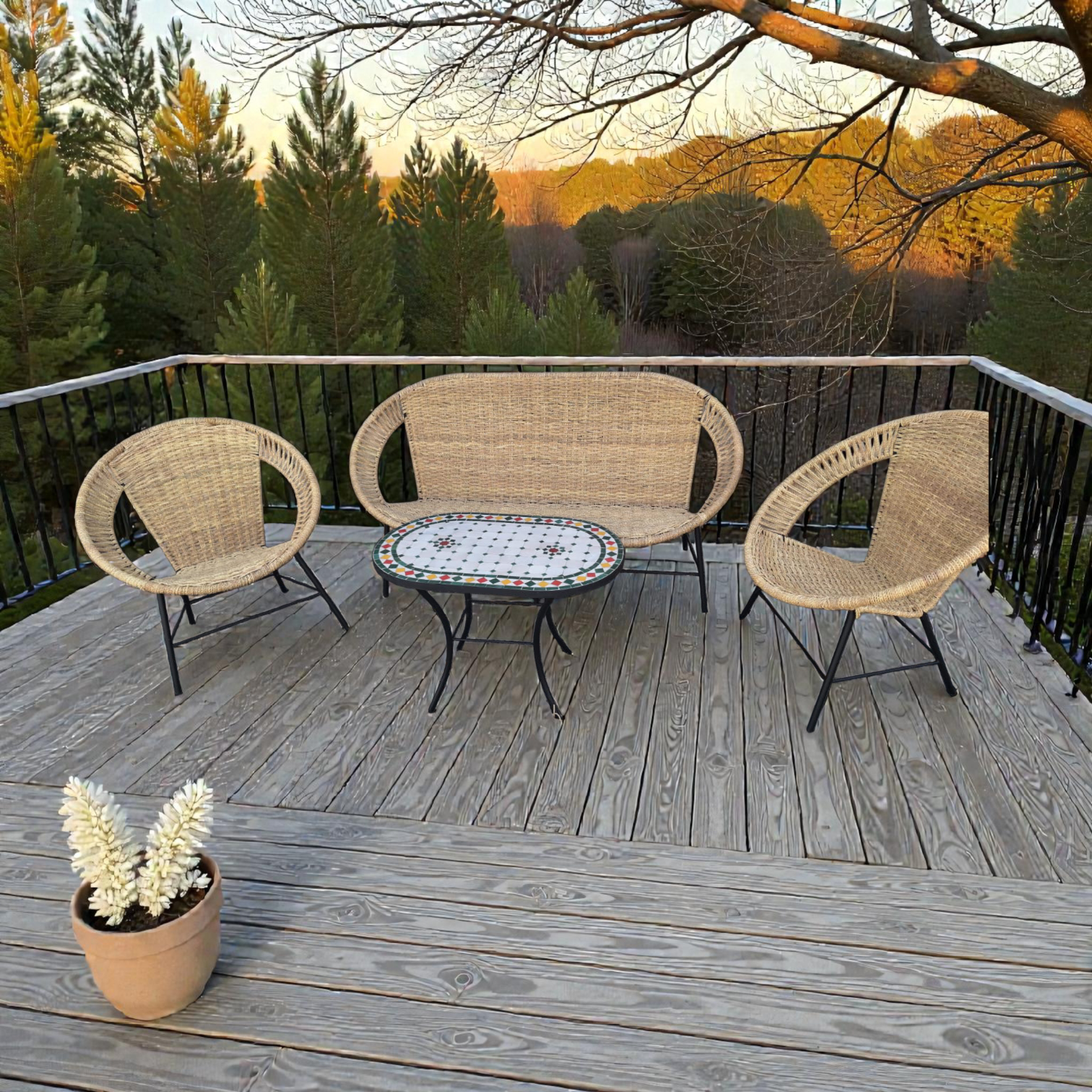 Salon Traditionnel en Rotin Naturel avec Table en Zellige