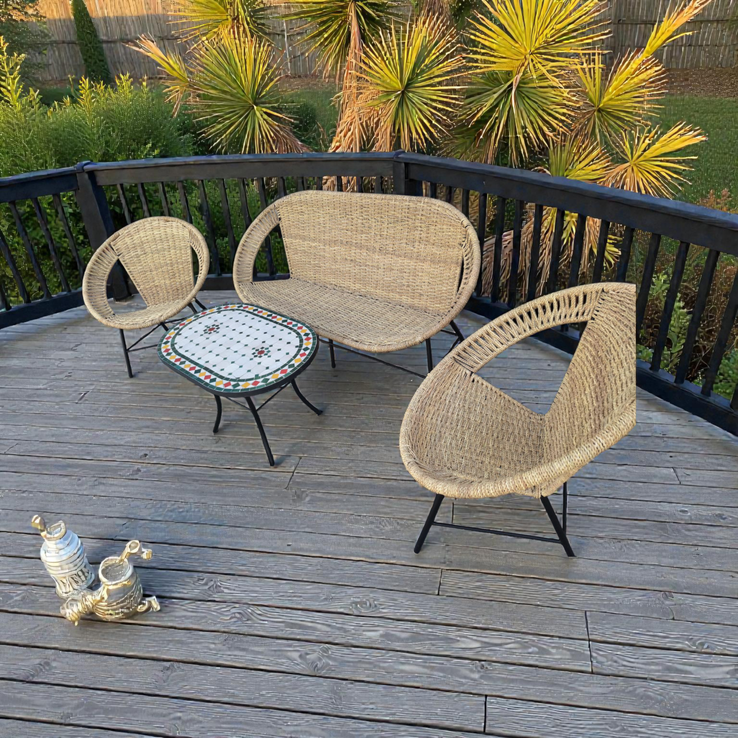 Salon Traditionnel en Rotin Naturel avec Table en Zellige
