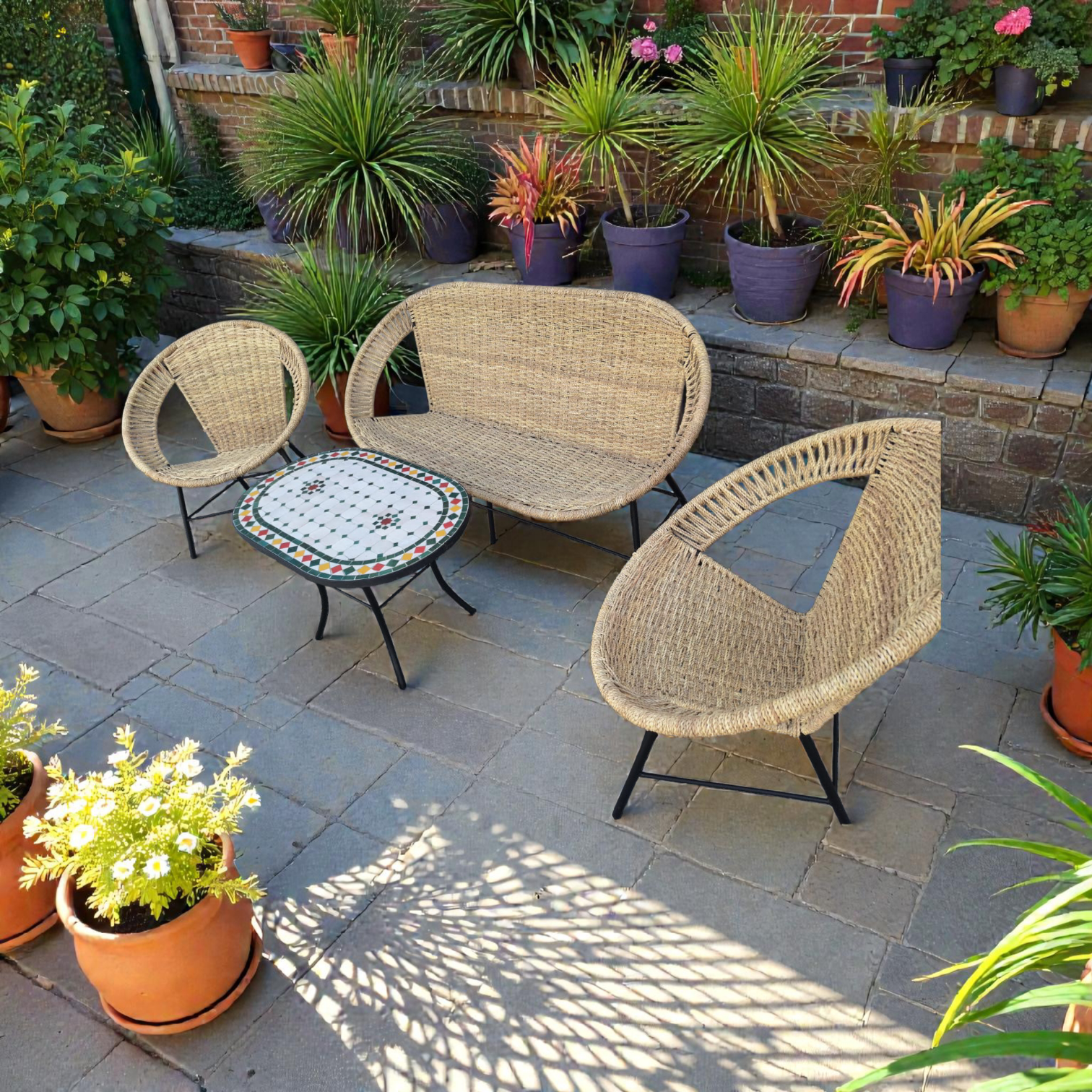 Salon Traditionnel en Rotin Naturel avec Table en Zellige