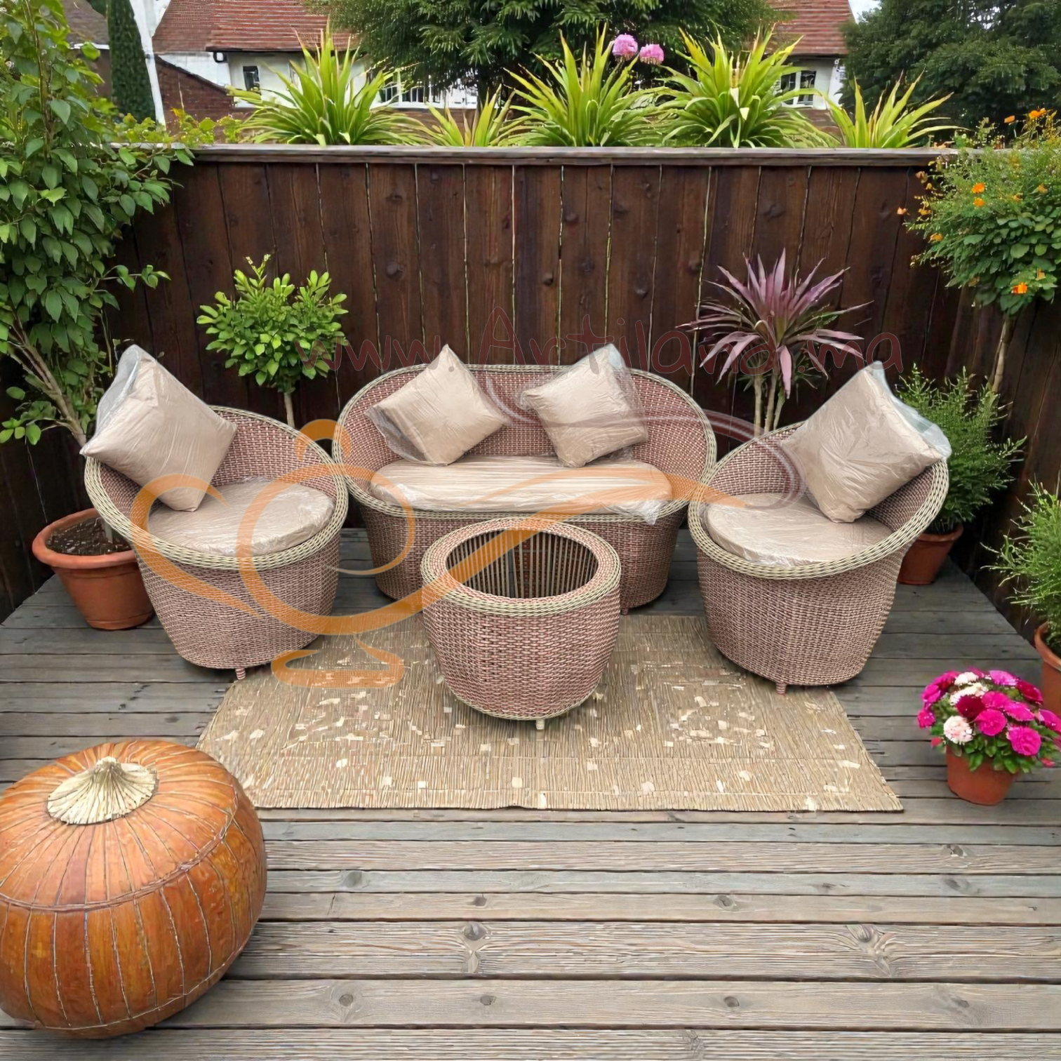 Salon de jardin en rotin – Ensemble 4 pièces avec coussins