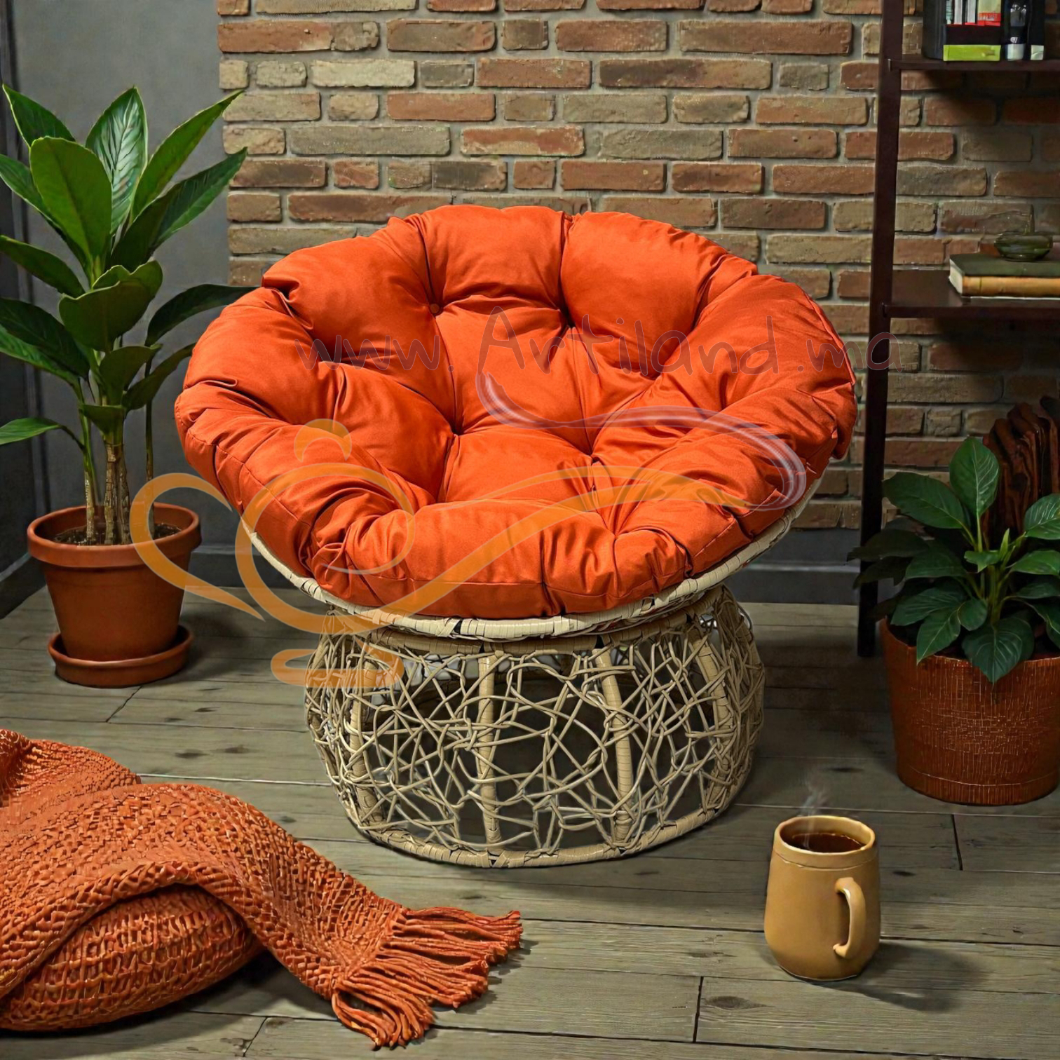 Fauteuil Papasan en Rotin Synthétique avec Coussin Orange