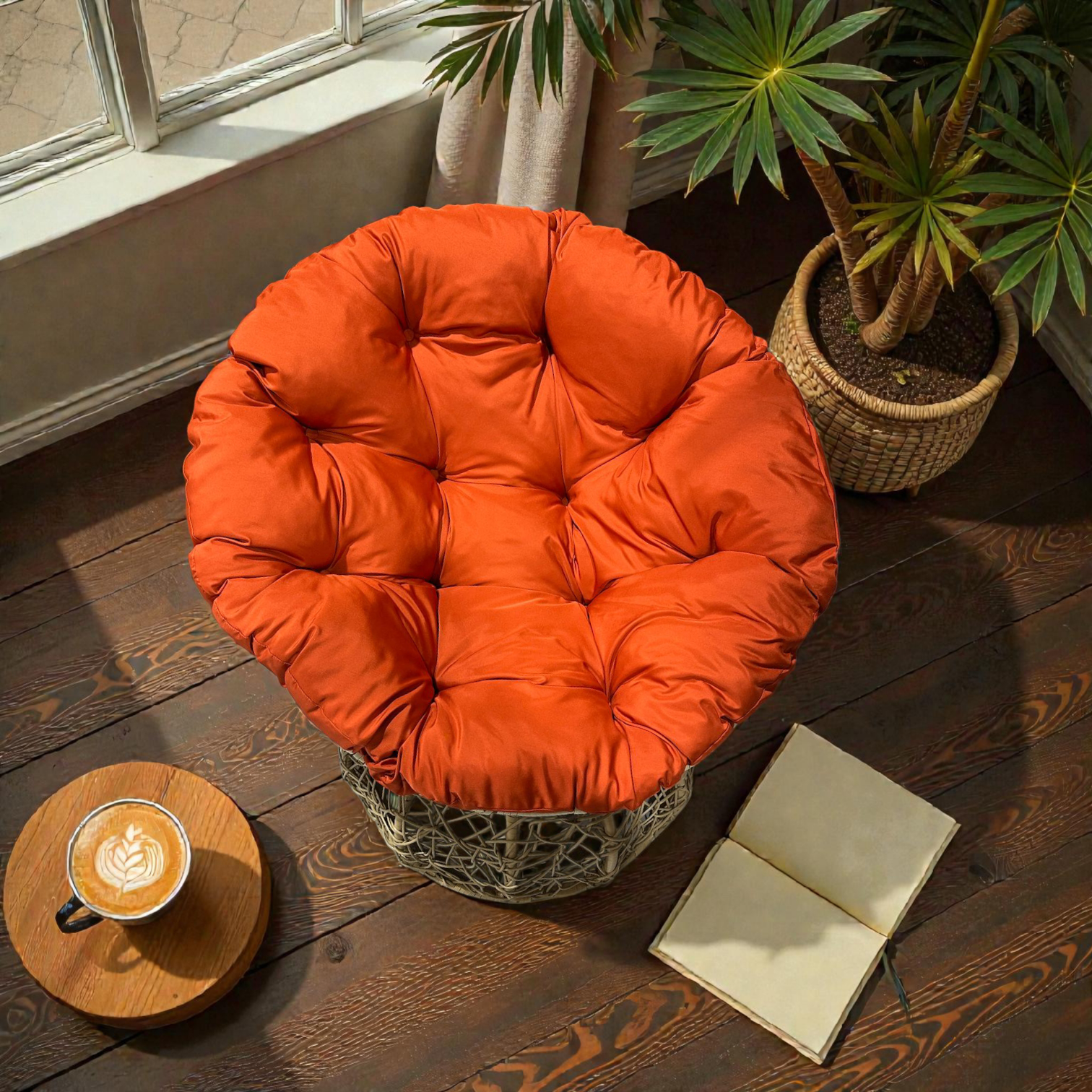 Fauteuil Papasan en Rotin Synthétique avec Coussin Orange