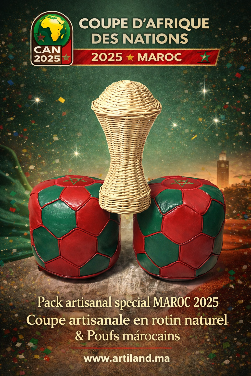 Pack Artisanal CAN 2025 Maroc – Coupe en rotin & Poufs marocains