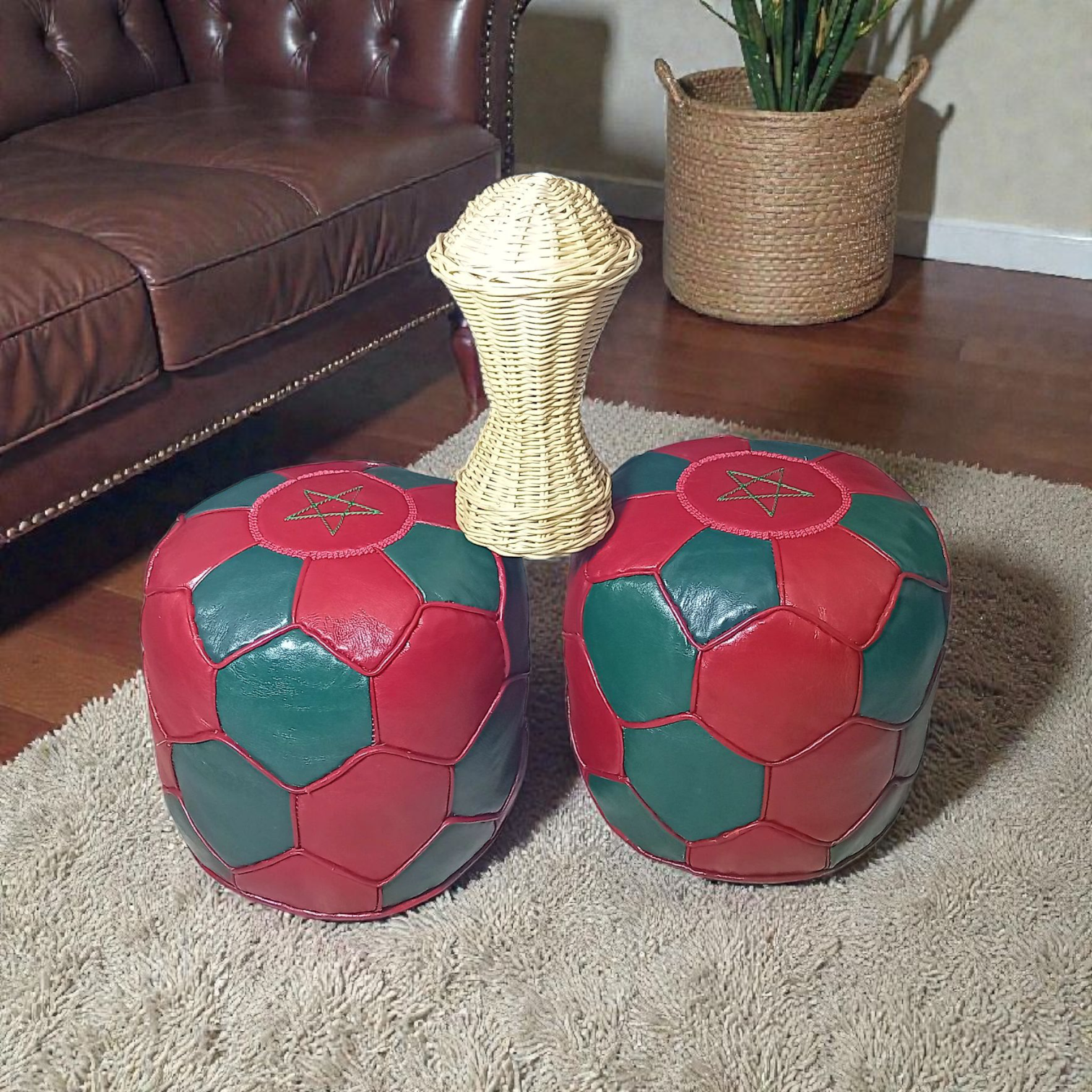 Pack Artisanal CAN 2025 Maroc – Coupe en rotin & Poufs marocains