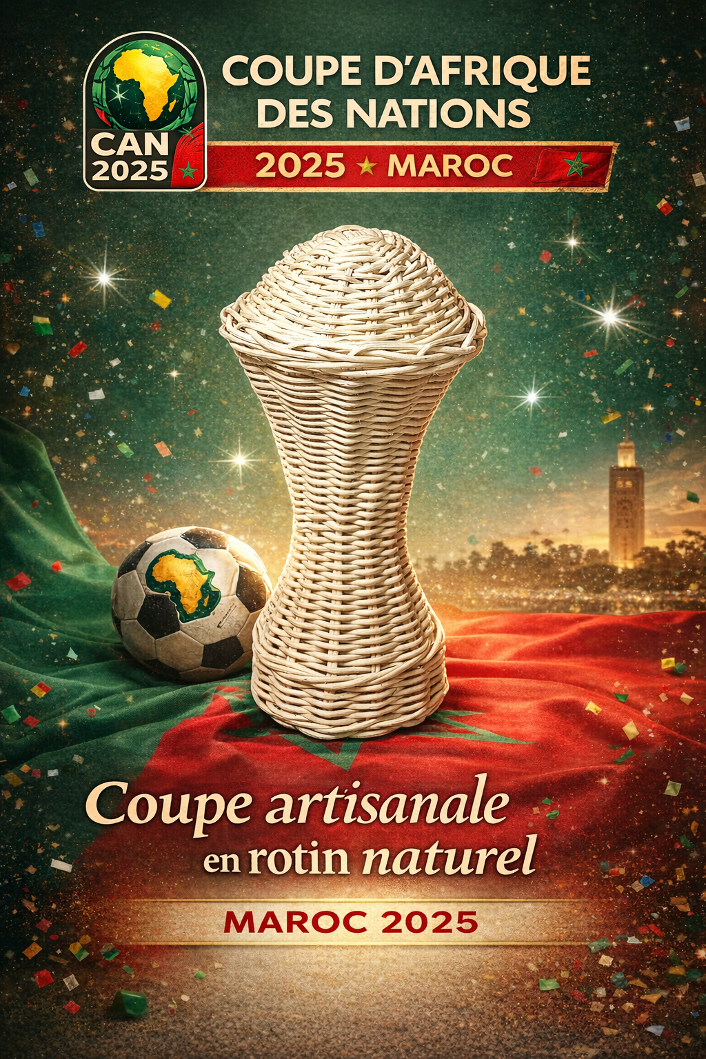 Pack Artisanal CAN 2025 Maroc – Coupe en rotin & Poufs marocains