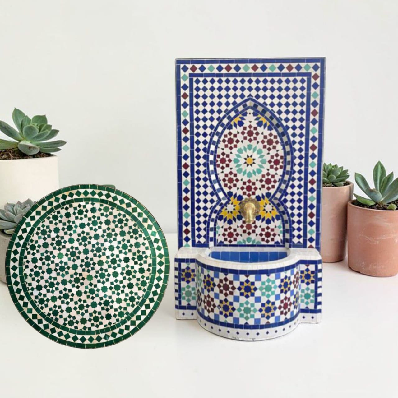 Pack Fontaine Artisanale en Zellij Beldi & Table Ronde avec Pied en Fer