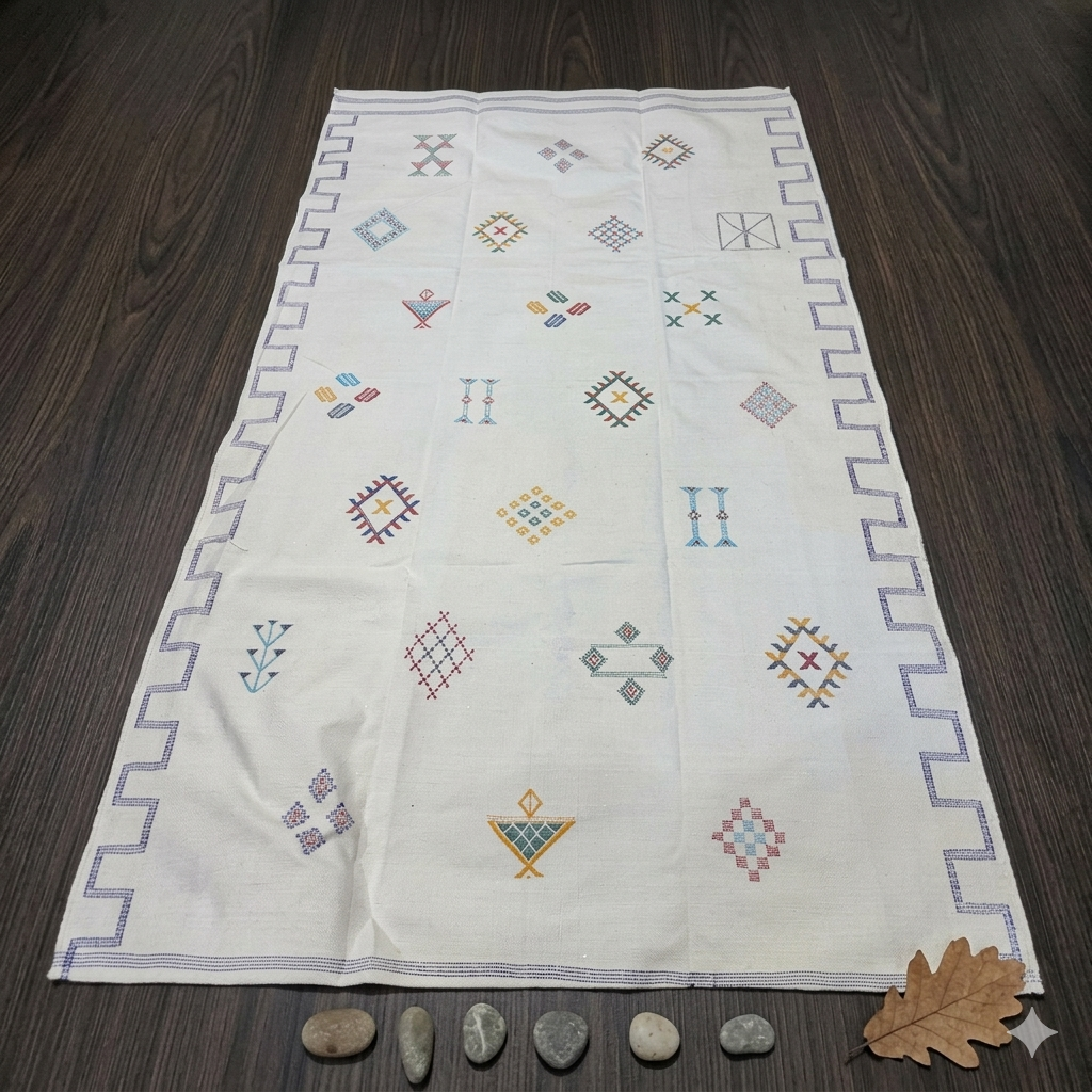 Tapis Berbère Blanc Brodé à Motifs Amazighs