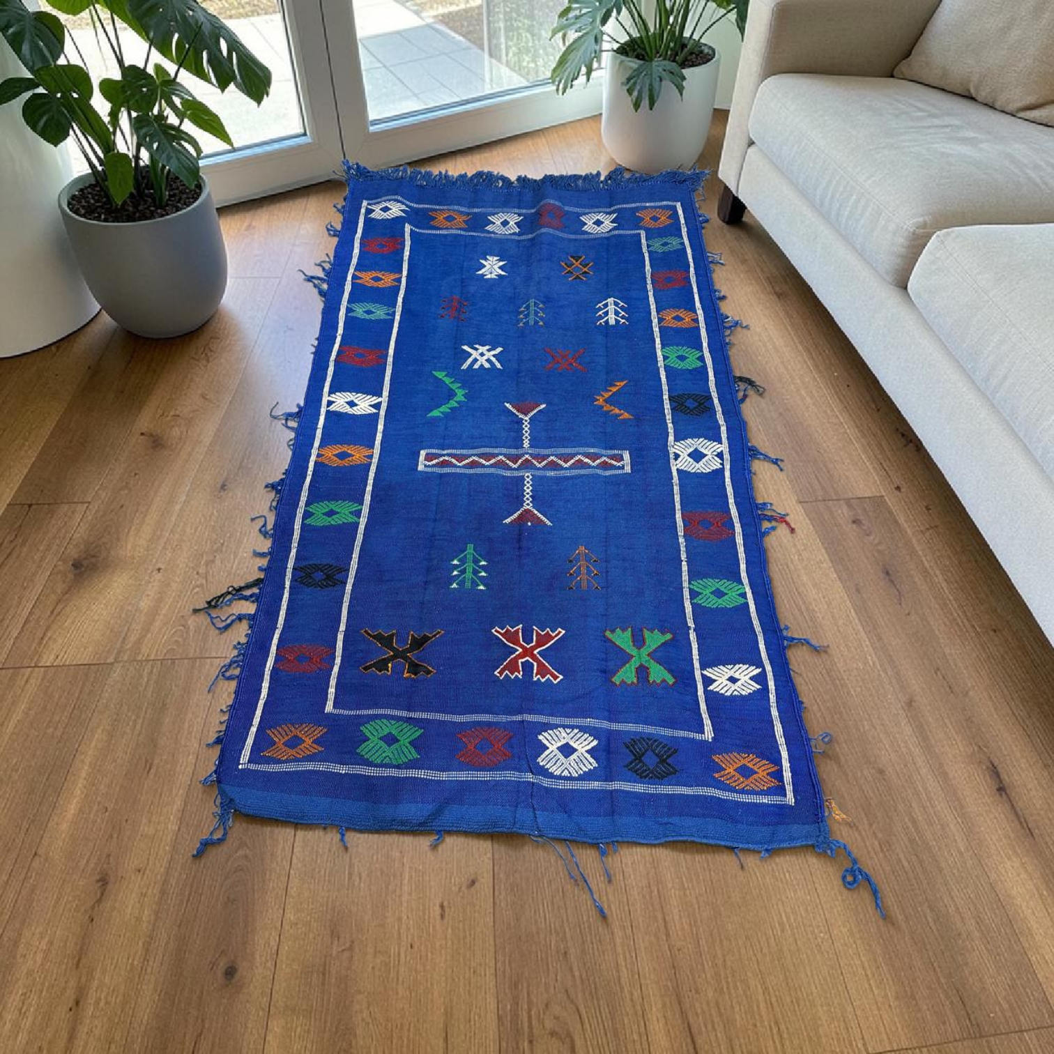 Tapis Sabra Artisanal Bleu - Symboles Berbères