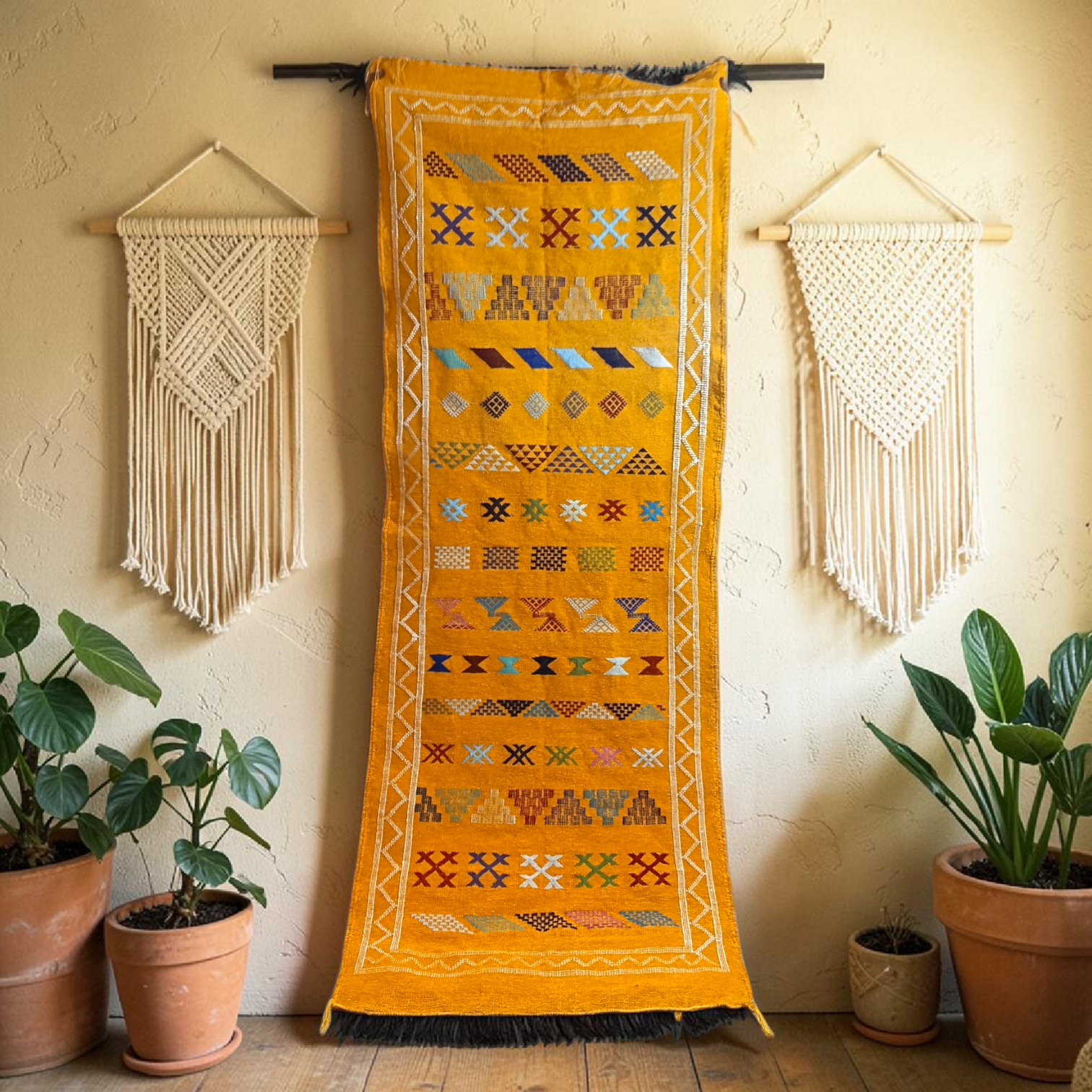 Tapis Moubra berbère format couloir jaune safran aux motifs amazighs multicolores