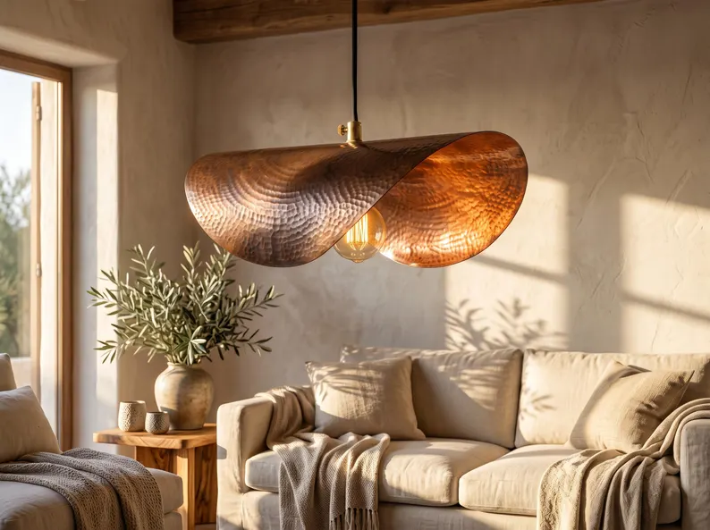 Lustre  en Cuivre Repoussé & Martelé – Design Vague Végétale — photo 1
